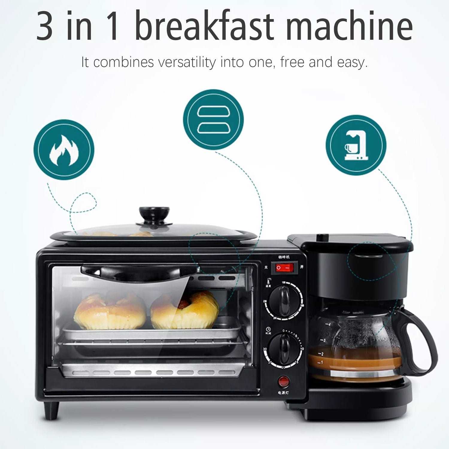 3 in 1 Breakfast Maker Portable Toaster Oven, Grill Pan &amp; Coffee Maker Full Breakfast Ready at One Go