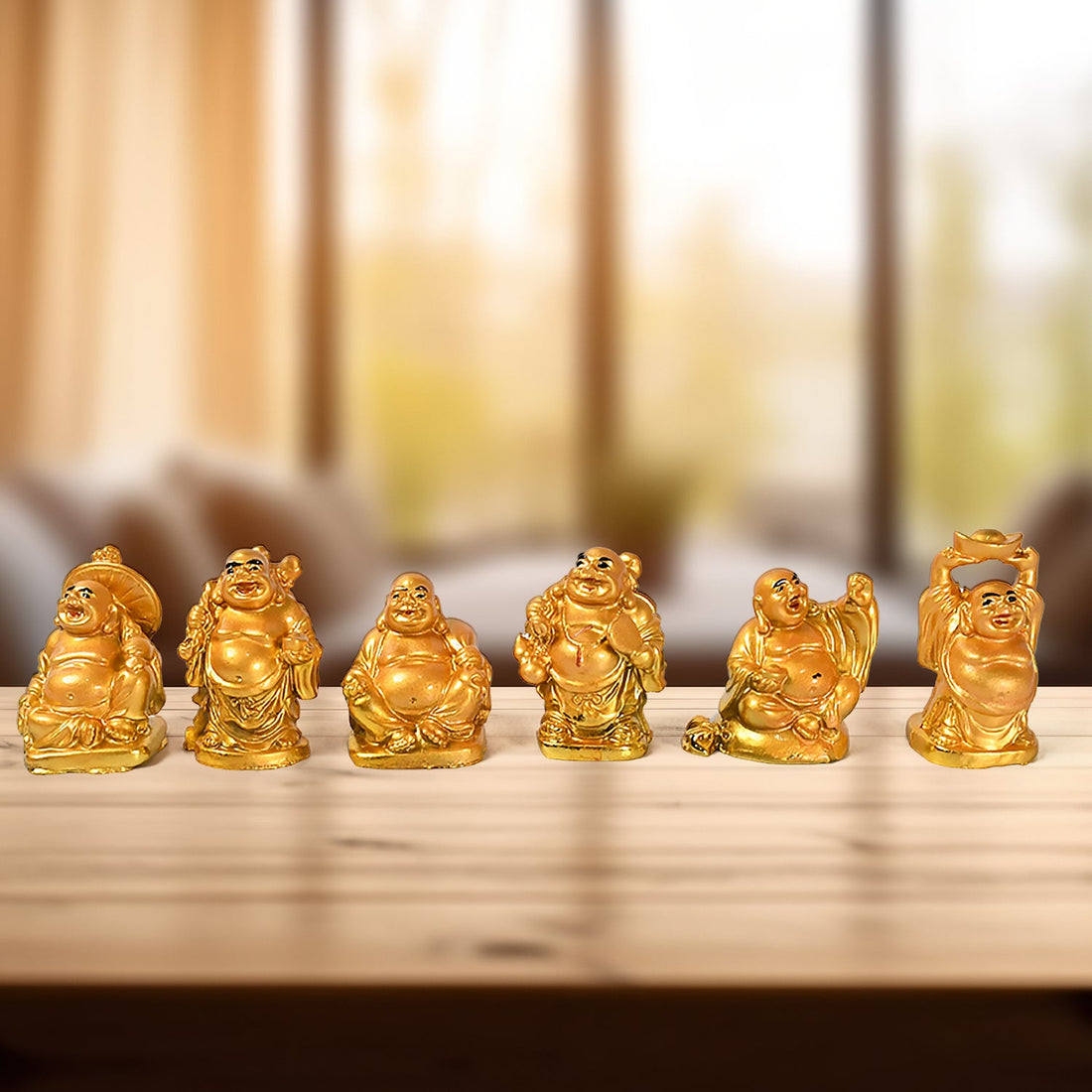 Golden Laughing Buddha Set Of Six Pieces Statue For Happiness, Wealth &amp; Good luck Decor For Wealth and Success (6 Pcs Set)