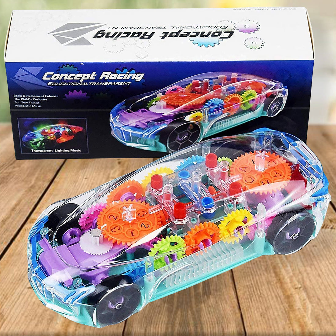 Automatic 360 Degree Rotating Transparent Gear Concept Car with Musical and 3D Flashing Lights Toy for Kids Boys &amp; Girls (Multicolor / Battery Not Included)