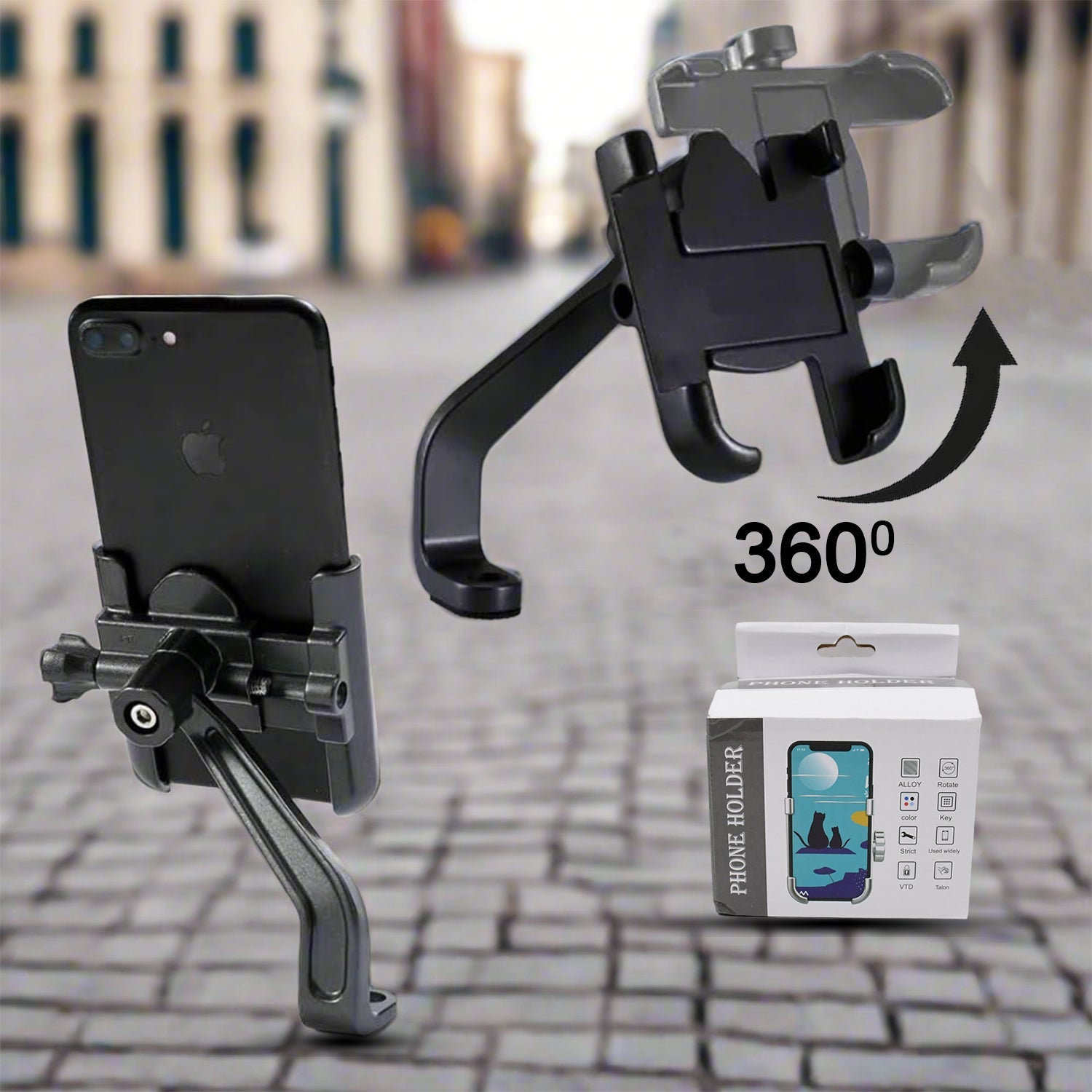 Full Metal Body Bike &amp; Scooty 360 Degree Rotating Mobile Holder Stand for Bicycle, Motorcycle, Scooty for Maps and GPS Navigation Fits All Smartphones (1 Pc)