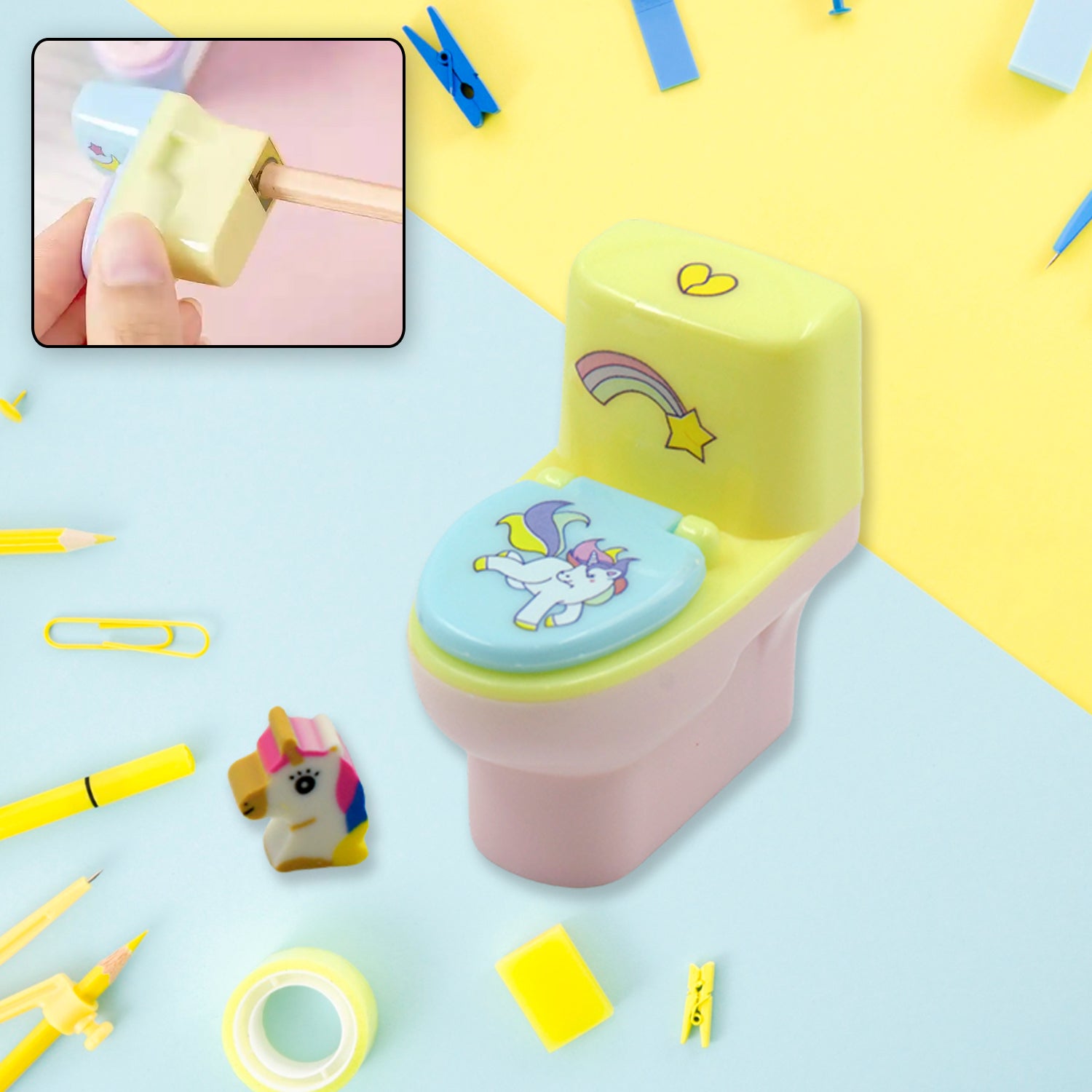 Toilet-shaped pencil sharpener with eraser, 2-piece set