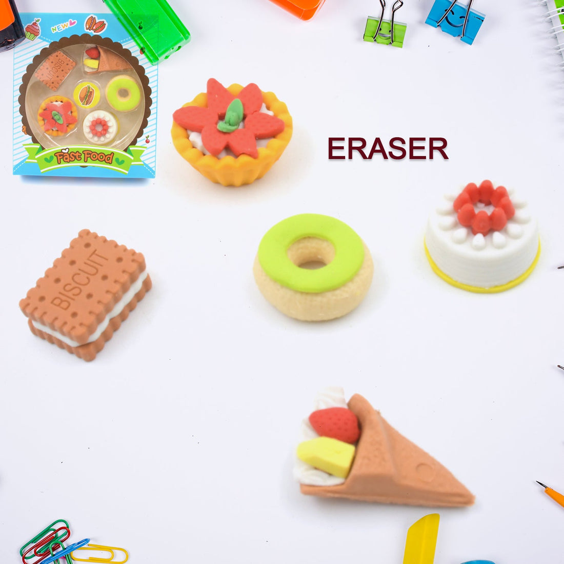 3D Fast Food Fancy &amp; Stylish Colorful Erasers, Mini Eraser Creative Cute Novelty Eraser for Children Different Designs Eraser Set for Return Gift, Birthday Party, School Prize, Fast Food Set Eraser ( 5 pc Set )