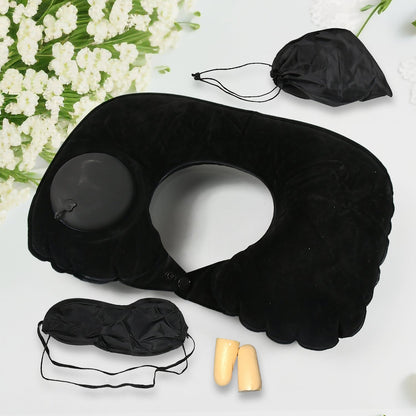 8512 3 in 1 Comfortable Travel Sleeping Kit, Neck Pillow, Eye Mask &amp; Ear Plug Set Inflatable Plane Sleeping Pillow Head Neck Support Pillows for Travel Airplane Office, Black