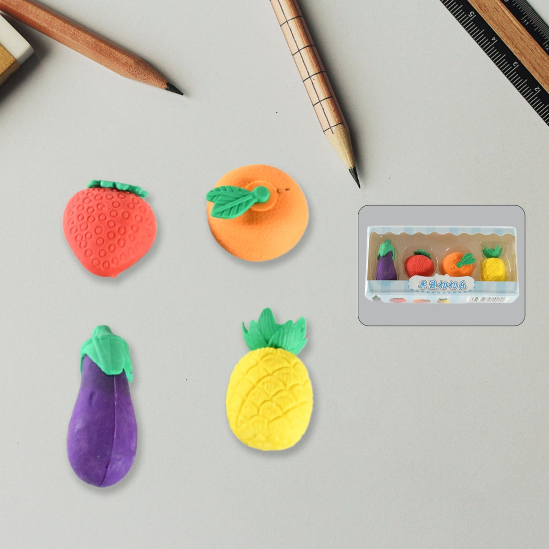 Mini Cute Vegetables and Fruits Erasers or Pencil Rubbers for Kids, 1 Set Fancy &amp; Stylish Colorful Erasers for Children, Eraser Set for Return Gift, Birthday Party, School Prize, 3D Erasers  (4 pc Set)