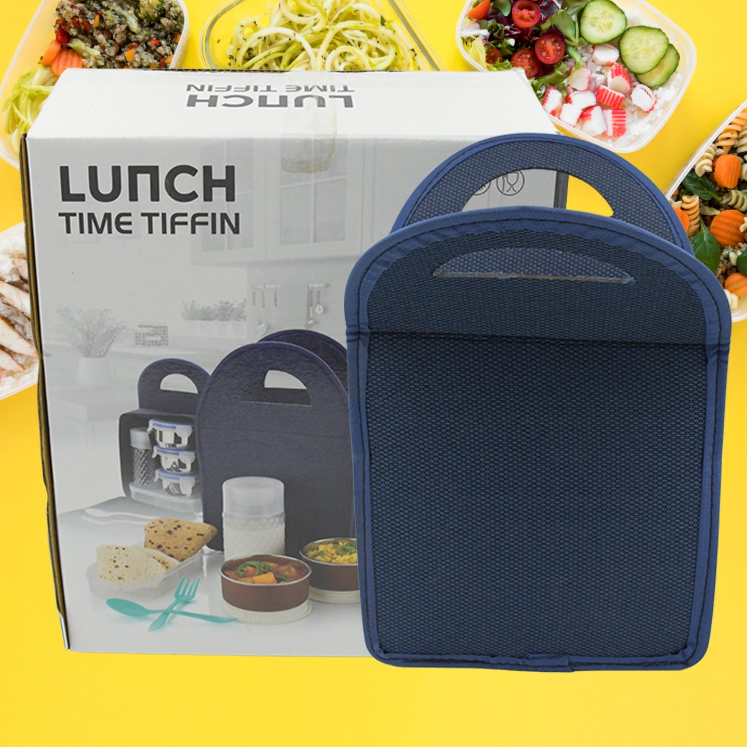 6In1 Tiffin Box-Lunch Box | 3 Stainless Steel Containers | Plastic lid Box | Spoon &amp; Fork /Plastic Bottle | Insulated Fabric Bag | Leak Proof | Microwave Safe  for Office, College and School for Men, Women (6 pcs)