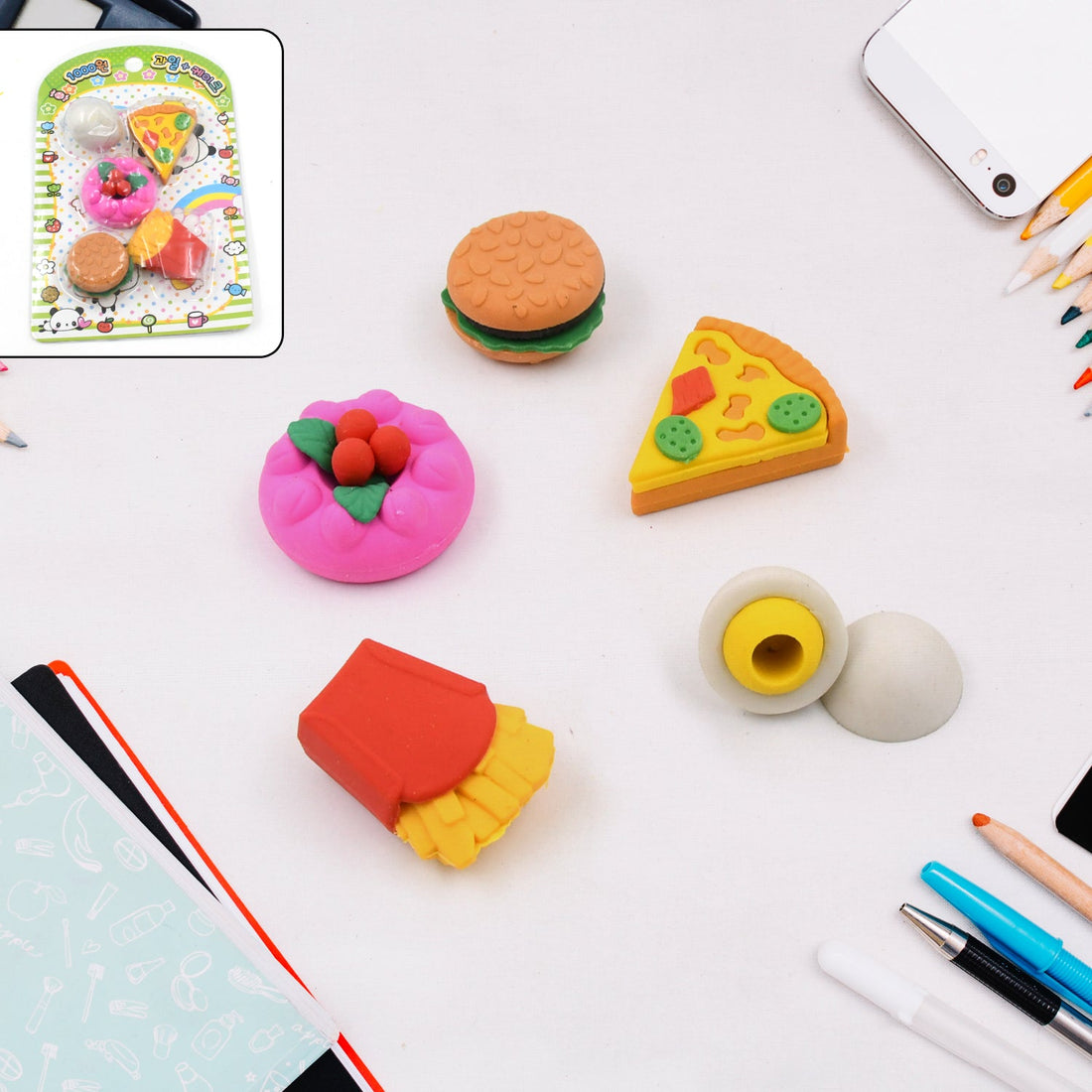 3D Food Shape Fancy &amp; Stylish Colorful Erasers, Mini Eraser Creative Cute Novelty Eraser for Children Eraser Set for Return Gift, Birthday Party, School Prize(5 Pcs Set)