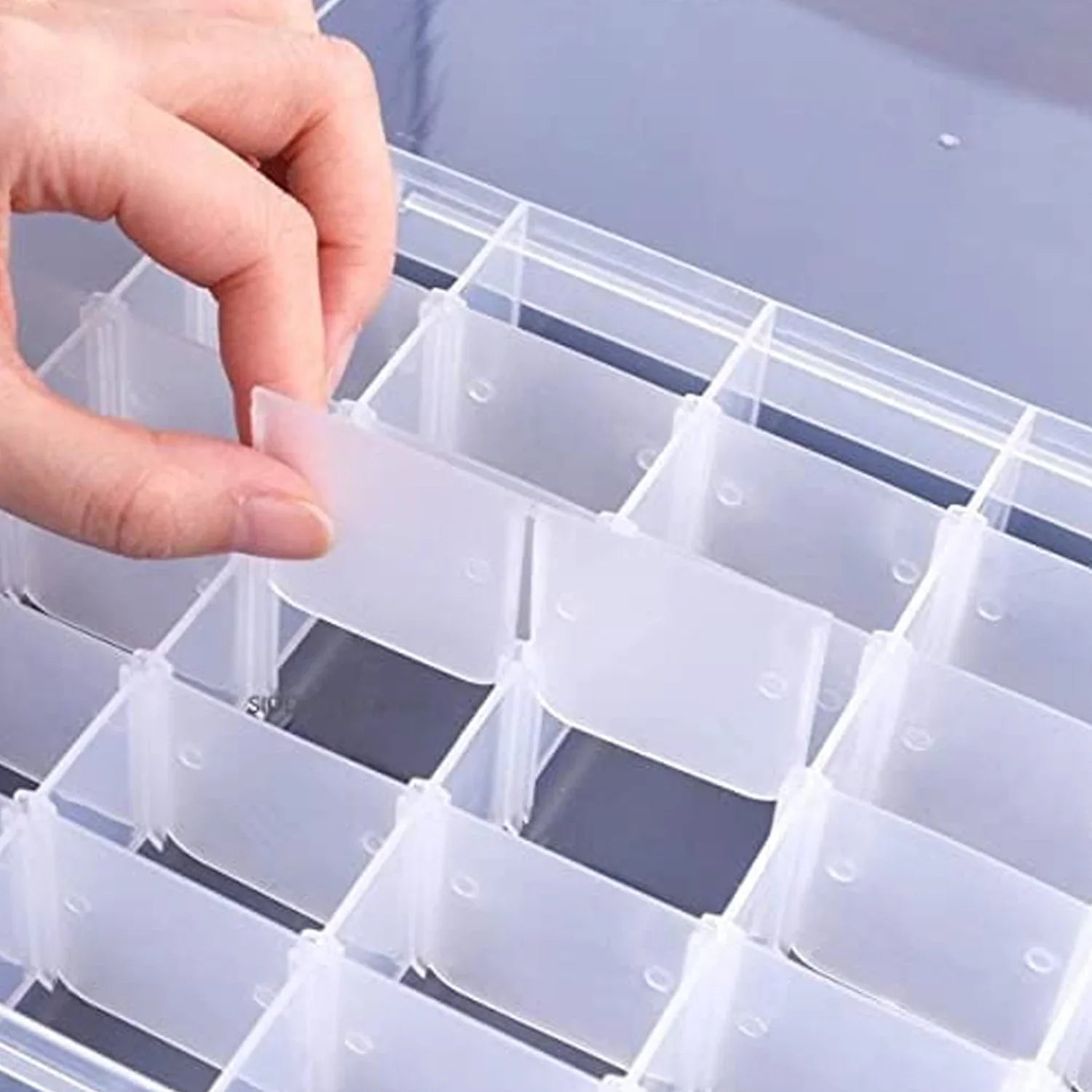 Clear plastic organizer with adjustable dividers