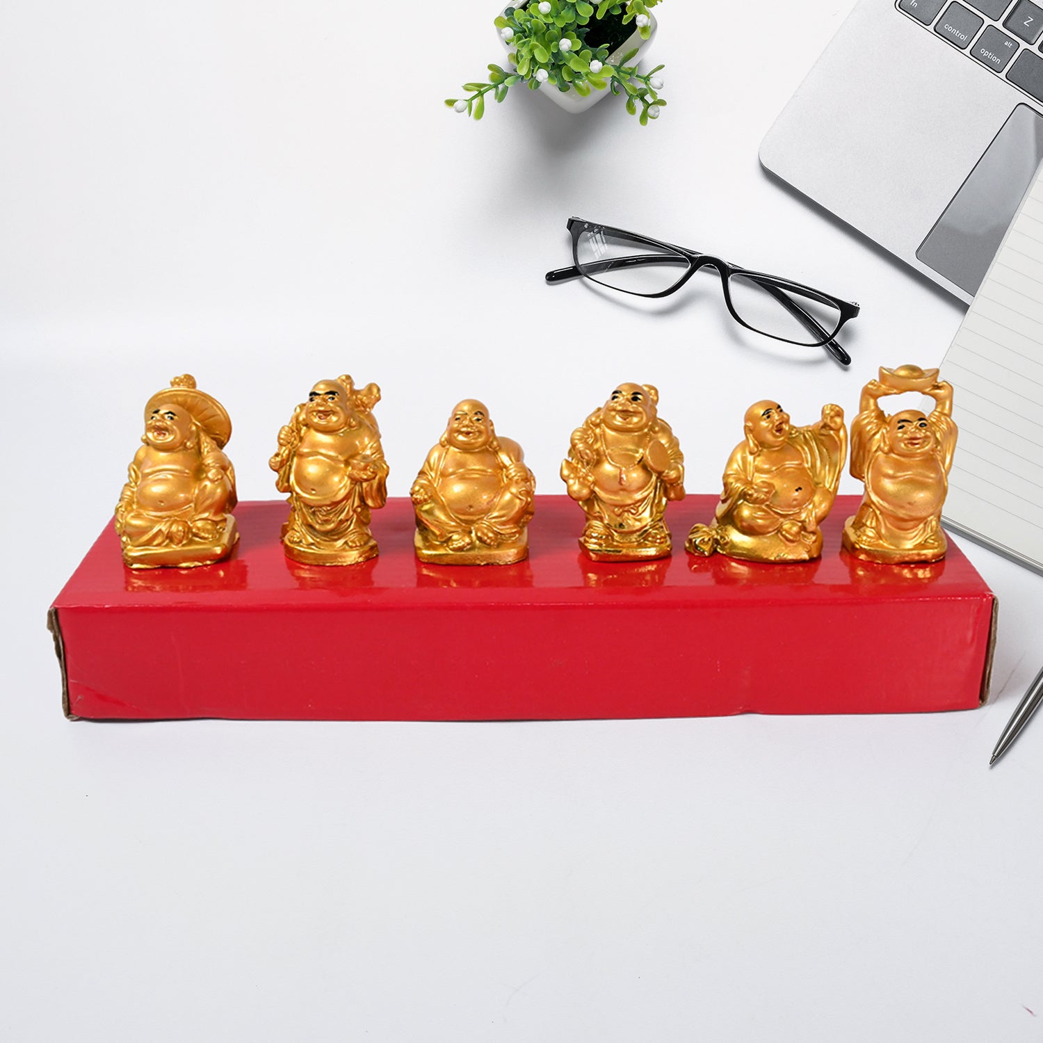 Golden Laughing Buddha Set Of Six Pieces Statue For Happiness, Wealth &amp; Good luck Decor For Wealth and Success (6 Pcs Set)