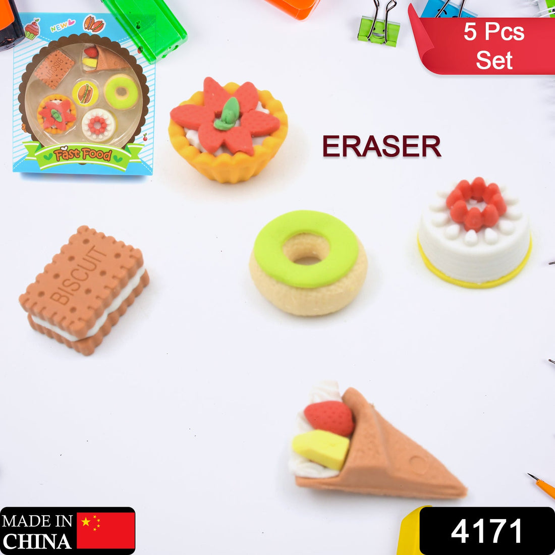 3D Fast Food Fancy &amp; Stylish Colorful Erasers, Mini Eraser Creative Cute Novelty Eraser for Children Different Designs Eraser Set for Return Gift, Birthday Party, School Prize, Fast Food Set Eraser ( 5 pc Set )