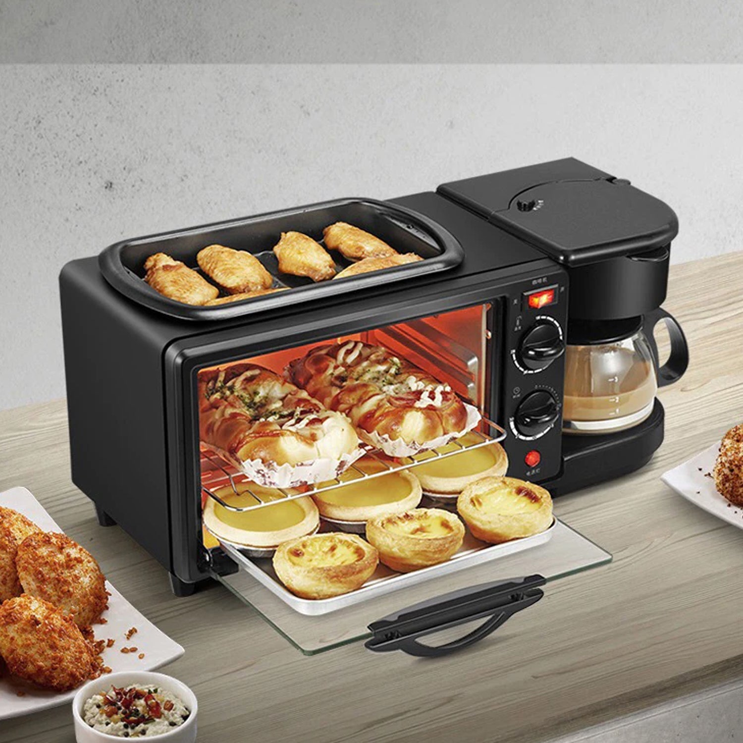 3 in 1 Breakfast Maker Portable Toaster Oven, Grill Pan &amp; Coffee Maker Full Breakfast Ready at One Go