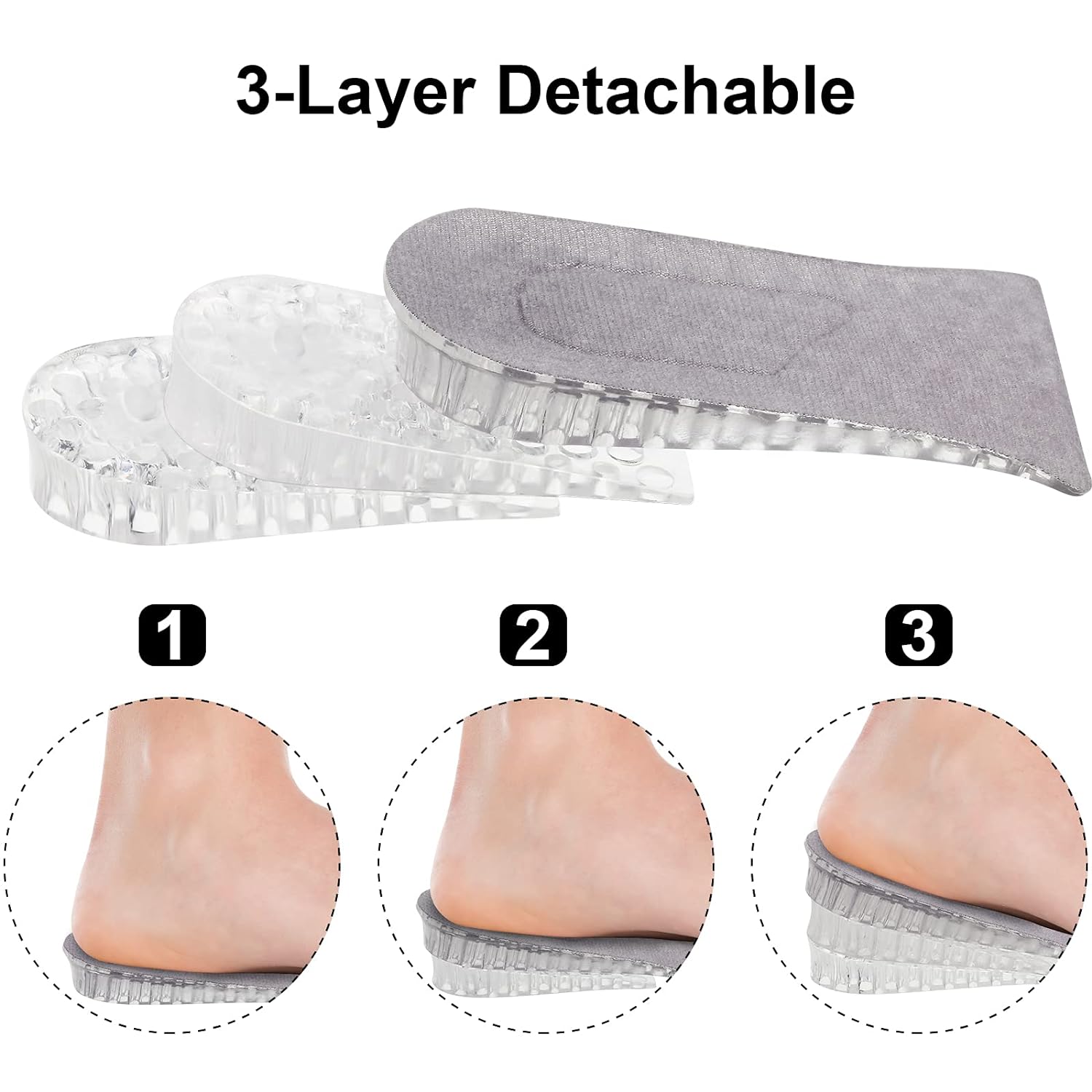 2 Pairs Heel Lift Inserts Height Increase Insole Invisible Heightening Insole Sillicone 3-Layer Heel Support Insoles Height-Adjustable Shoe Pads Foot Cushion for Shoes