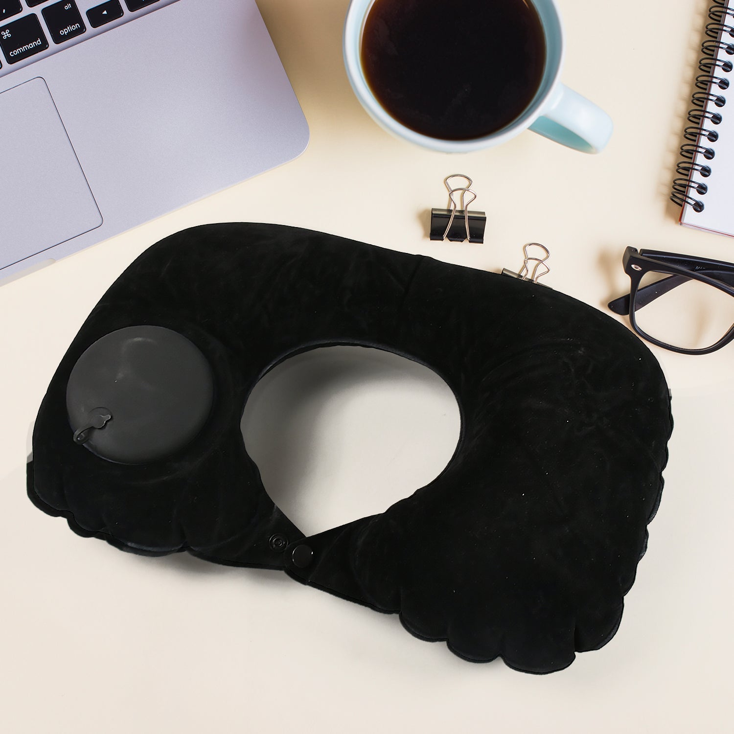 8512 3 in 1 Comfortable Travel Sleeping Kit, Neck Pillow, Eye Mask &amp; Ear Plug Set Inflatable Plane Sleeping Pillow Head Neck Support Pillows for Travel Airplane Office, Black