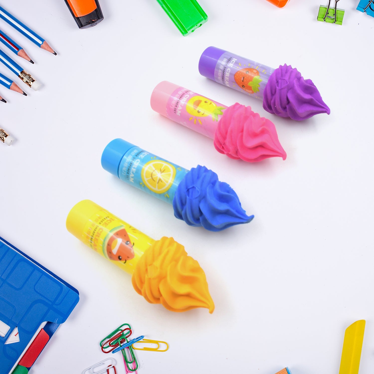 2 in1 Ice-Cream Cone Shaped Eraser Sharpener for Kids, Fancy &amp; Stylish Colorful Erasers, Mini Eraser Creative Cute Novelty Eraser for Children Different Designs Eraser Set for Return Gift, Birthday Party, School Prize (4 Pcs Set)