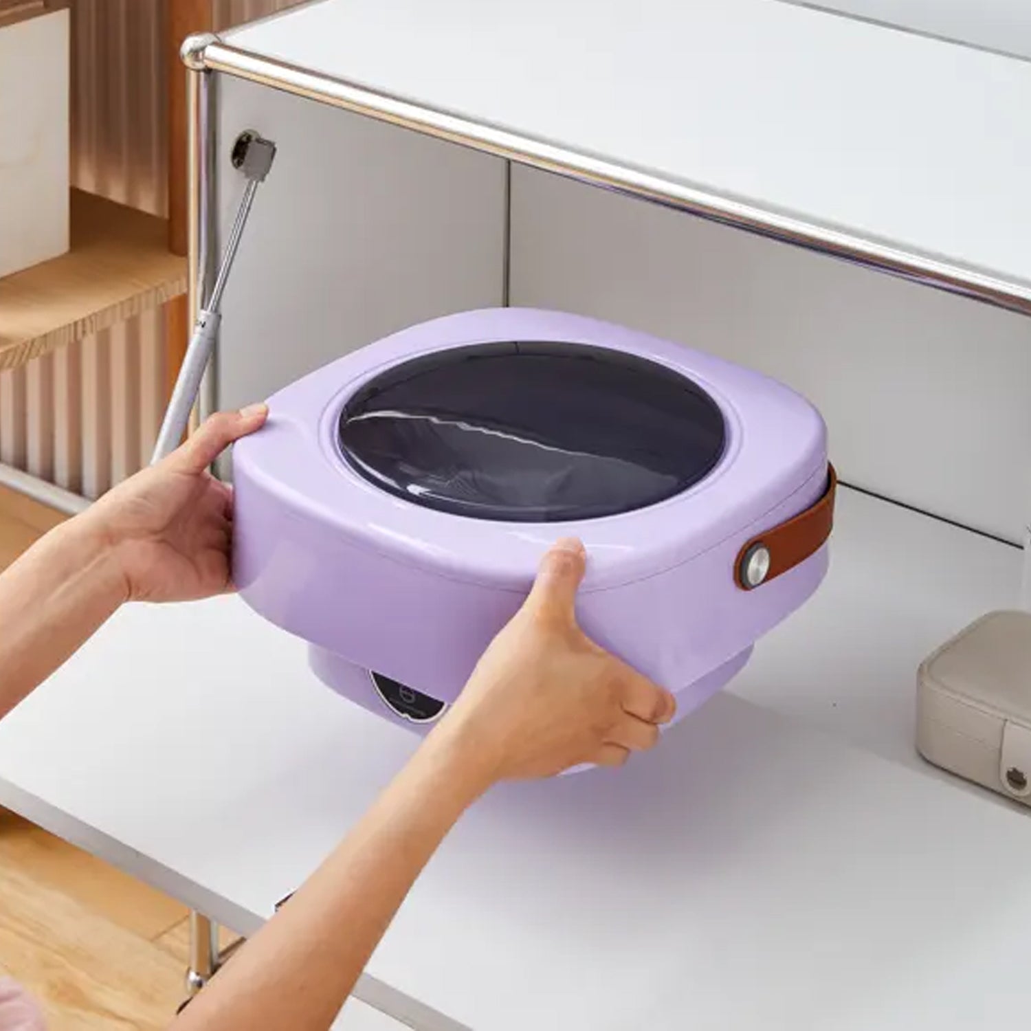 Foldable mini washer with drain basket, ideal for travel