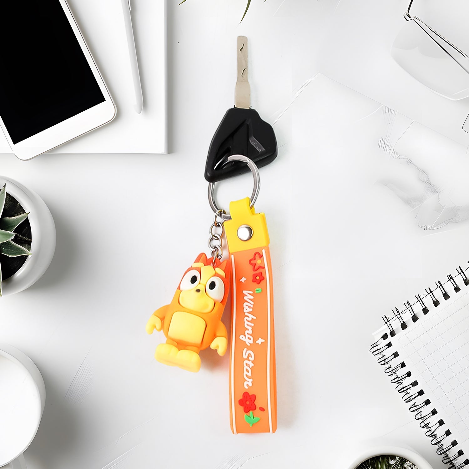 Cute Cartoon Silicone 3D Key Chain with Metal Hook &amp; Strap (Pack of 1)