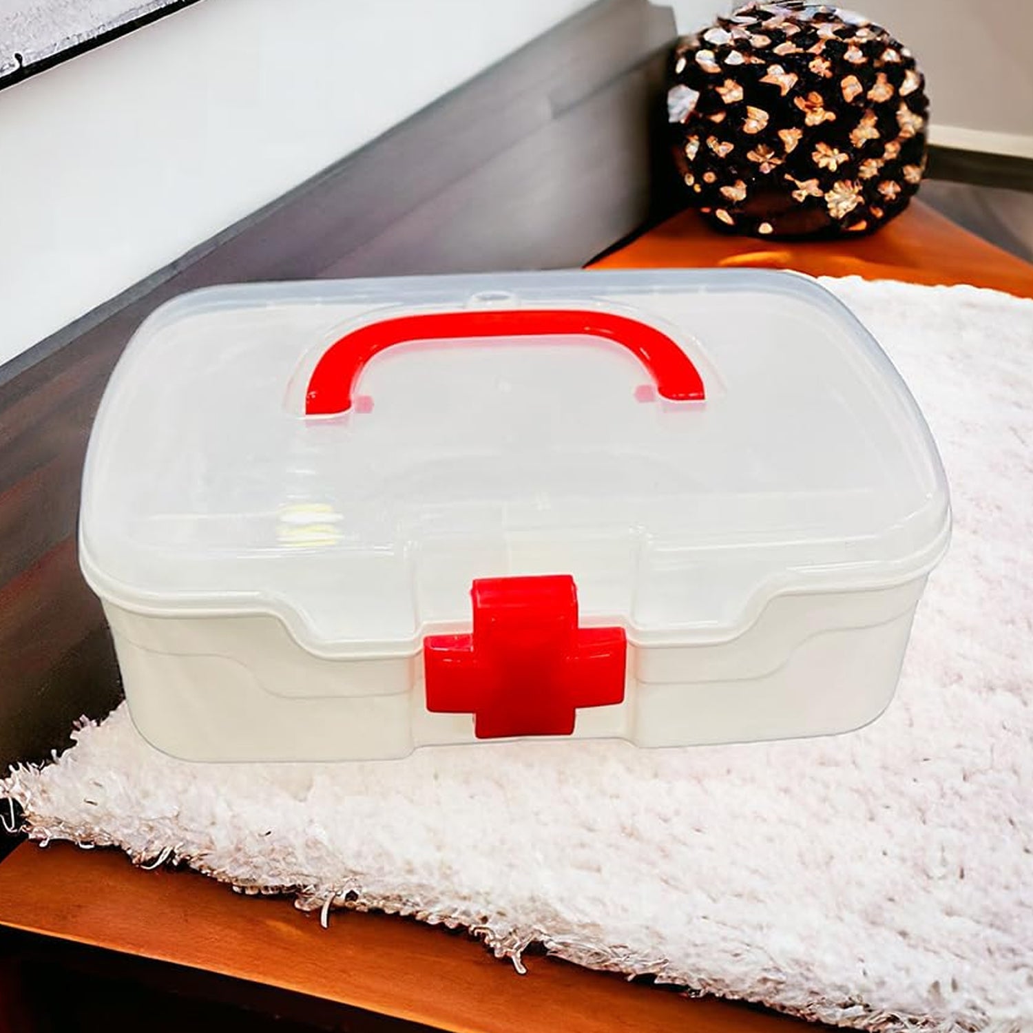 3 Compartment Medical Box, 1 Piece, Indoor Outdoor Medical Utility, Medicine Storage Box, Detachable Tray Medical Box Multi Purpose Regular Medicine, First Aid Box with Handle, Transparent Lid &amp; Color Box 