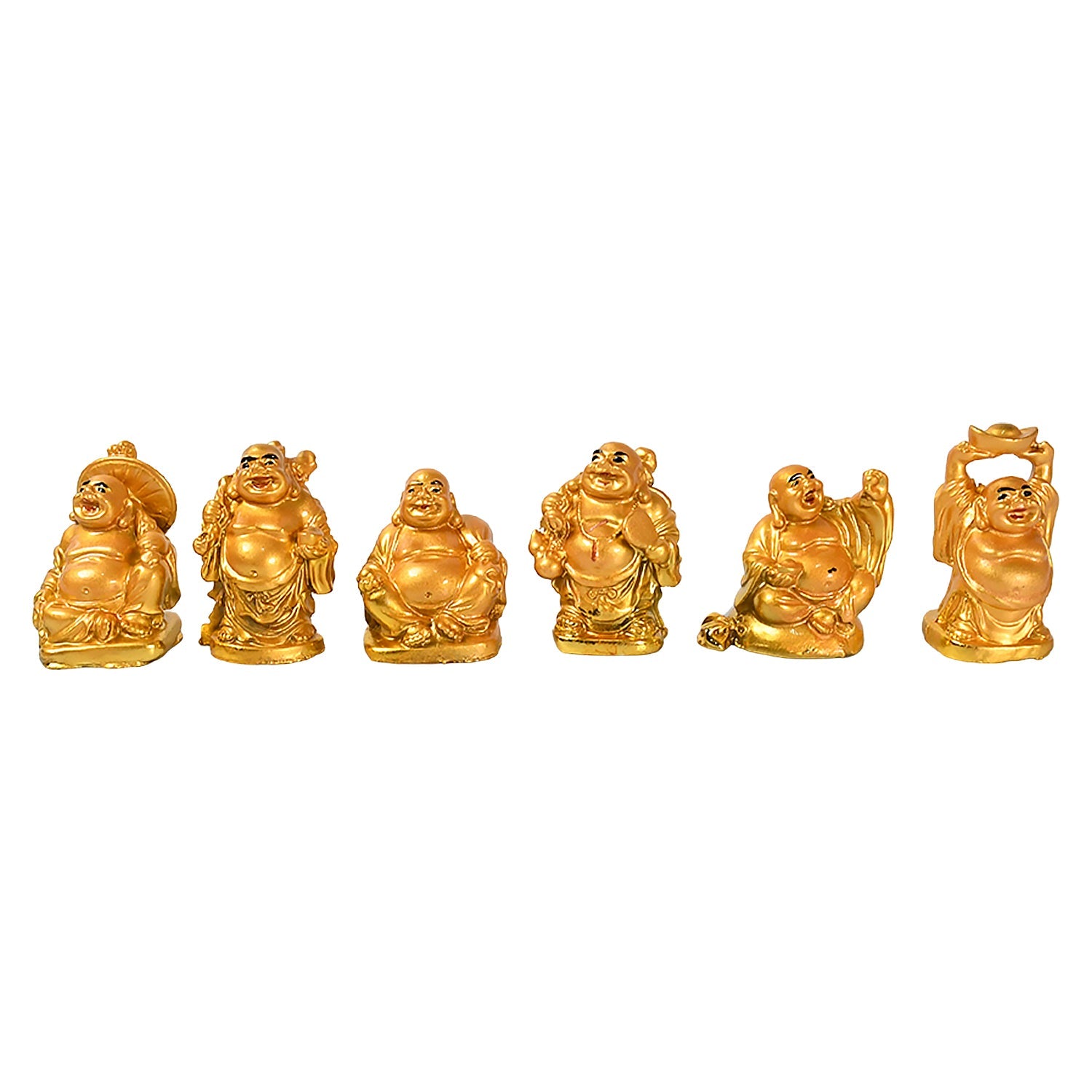 Golden Laughing Buddha Set Of Six Pieces Statue For Happiness, Wealth &amp; Good luck Decor For Wealth and Success (6 Pcs Set)