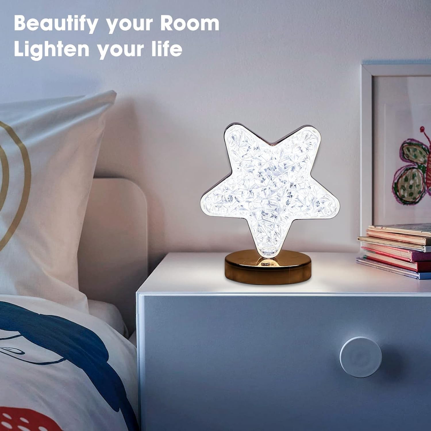 Star Shape Crystal Diamond Lamp Cordless Luxury Lamp with USB Rechargeable, 3-Way Dimmable &amp; Touch Control Decorative Nightstand Lamp for Bedroom, Living Room, Party, Restaurant Decor (1 Pc )