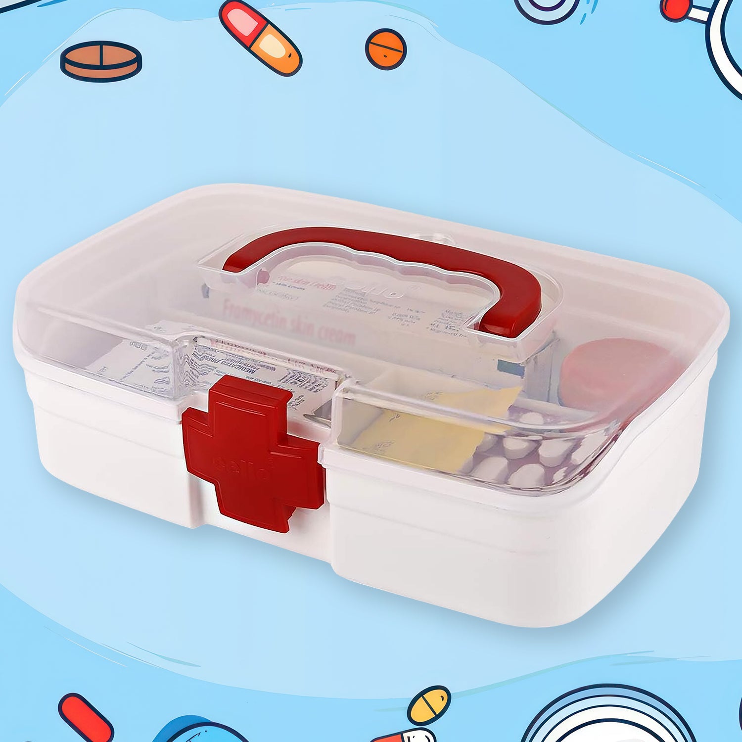 3 Compartment Medical Box, 1 Piece, Indoor Outdoor Medical Utility, Medicine Storage Box, Detachable Tray Medical Box Multi Purpose Regular Medicine, First Aid Box with Handle, Transparent Lid &amp; Color Box 