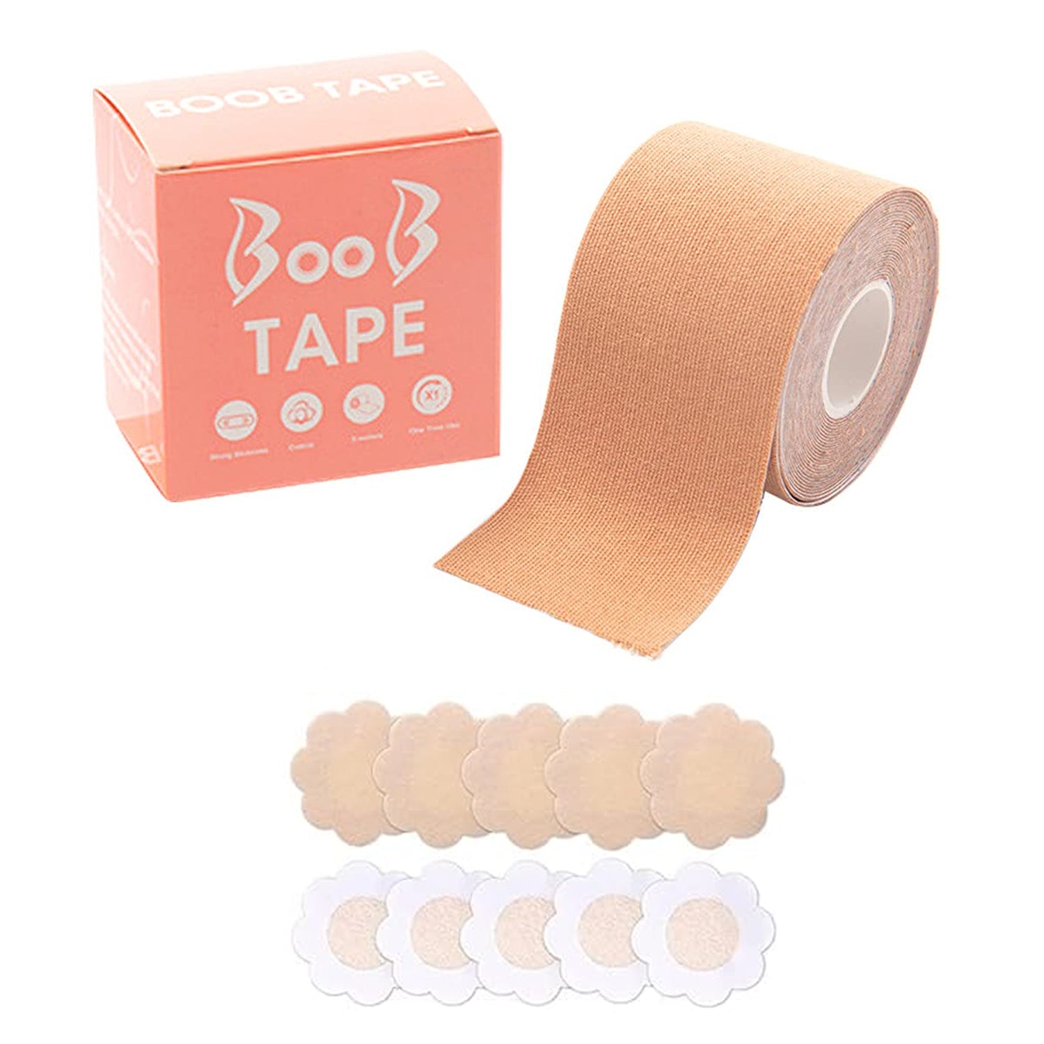 Boob Tape with Nipple Covers: Cotton, Breathable, Lift &amp; Support (5m, 10 Pairs)