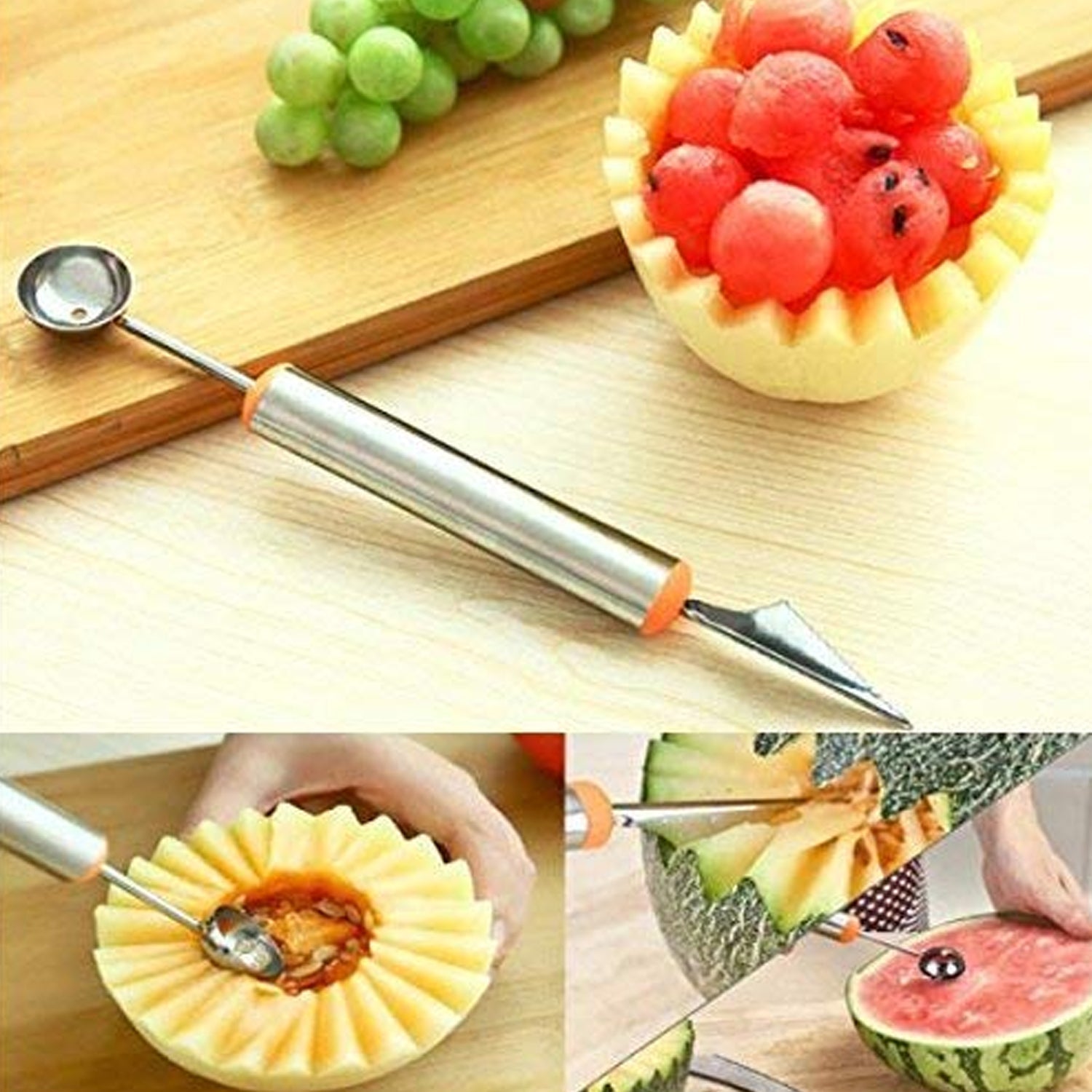 Stainless steel melon baller with carving knife, close-up view