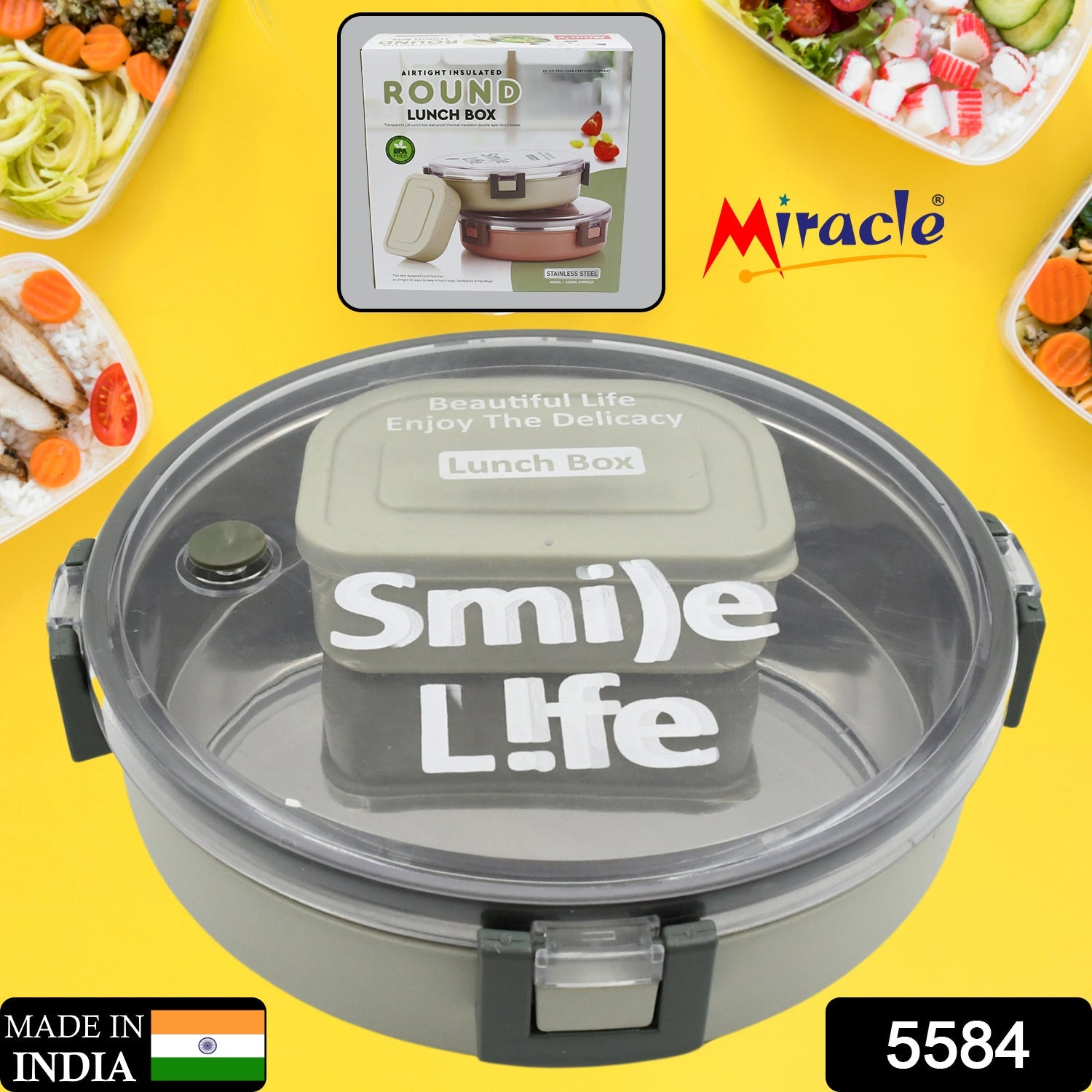 Miracle Stainless Steel Round Lunch Box, with Small Plastic Box Insert Leak Proof Lunch Box with Transparent lid, Lunch Box for Kids &amp; Adults for School, Office (450 ML + 250 ML Approx)