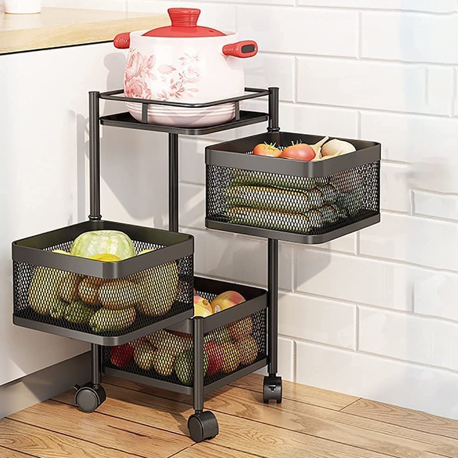 Metal High Quality Kitchen Trolley Kitchen Organizer Items and Kitchen Accessories Items for Kitchen Rack Square Design for Fruits &amp; Vegetable Onion Storage Kitchen Trolley with Wheels (3 Layer)