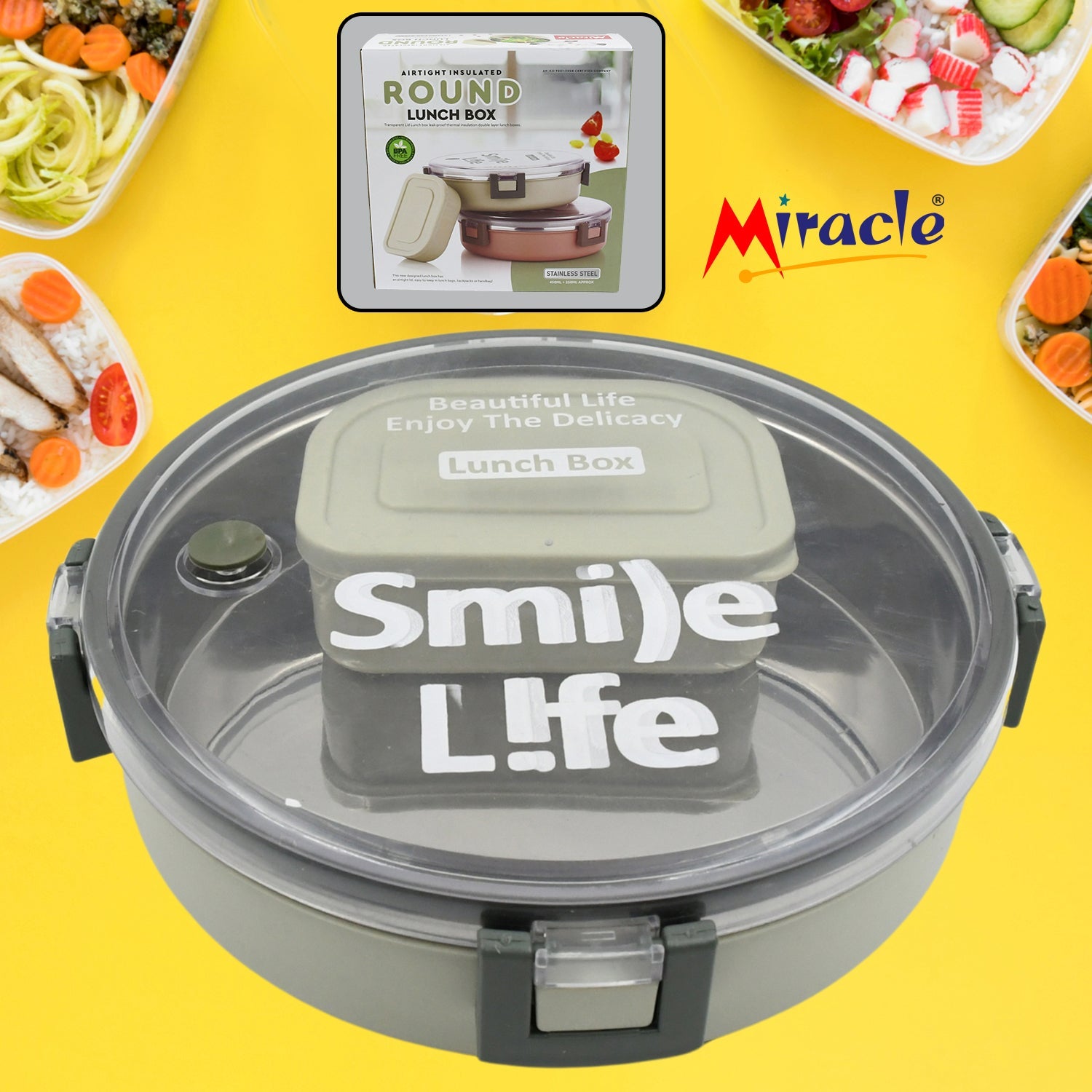 Miracle Stainless Steel Round Lunch Box, with Small Plastic Box Insert Leak Proof Lunch Box with Transparent lid, Lunch Box for Kids &amp; Adults for School, Office (450 ML + 250 ML Approx)