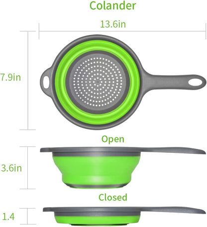 Red collapsible colander draining water from vegetables