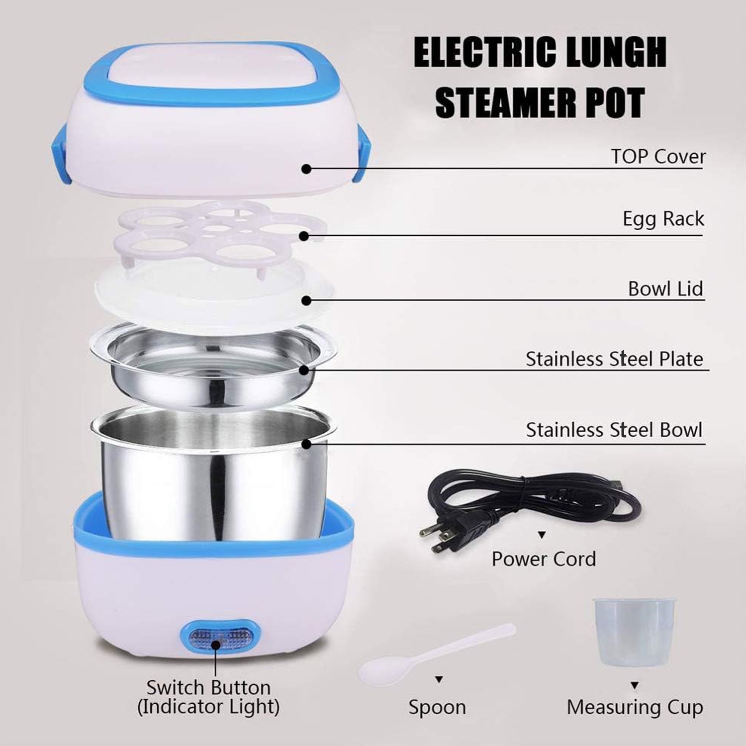 Electric Lunch Box Portable Food Warmer Food Heating Lunch Box Removable Food-Grade Stainless Steel Compartments, 220V 200W, for Car, Truck, office 