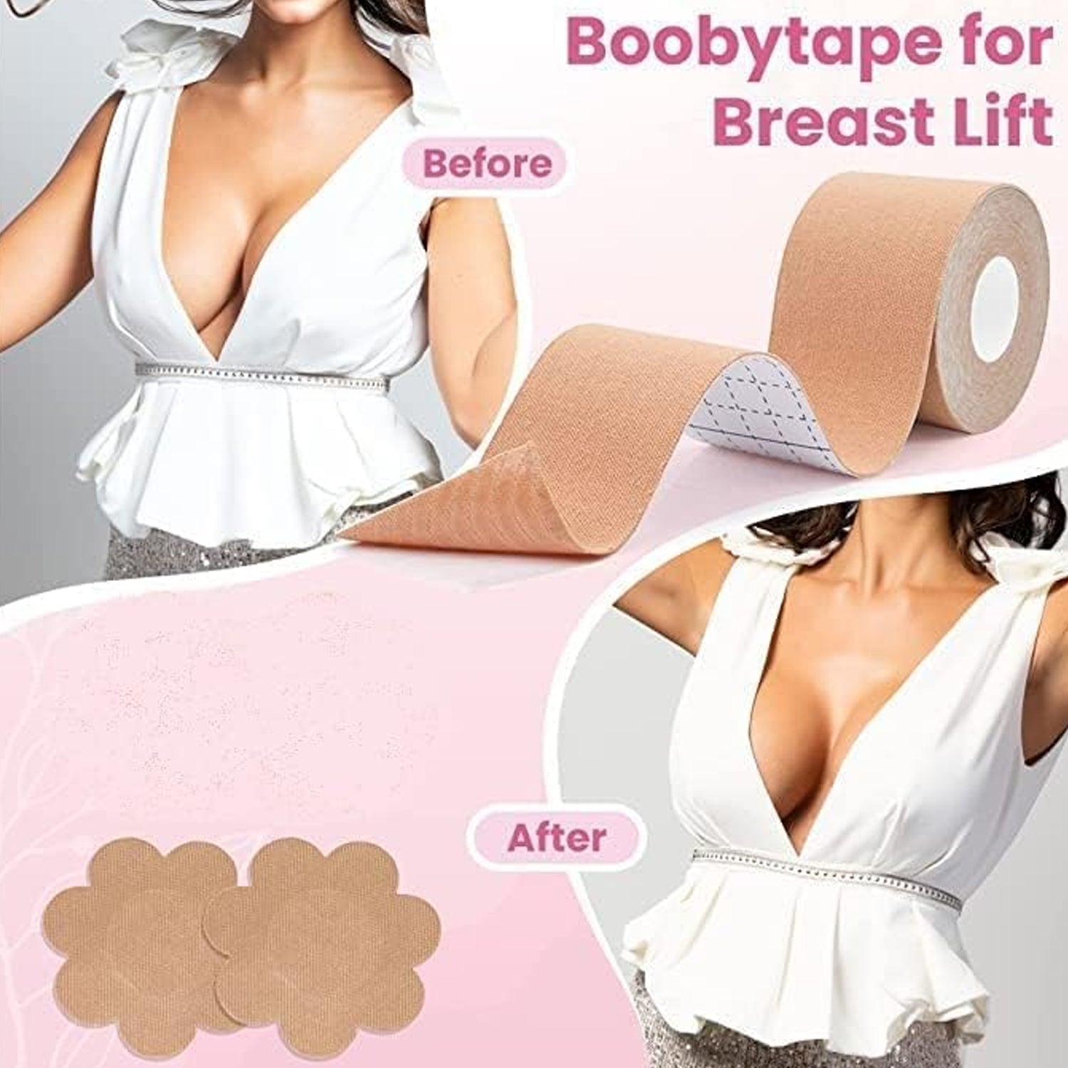 Boob Tape with Nipple Covers: Cotton, Breathable, Lift &amp; Support (5m, 10 Pairs)