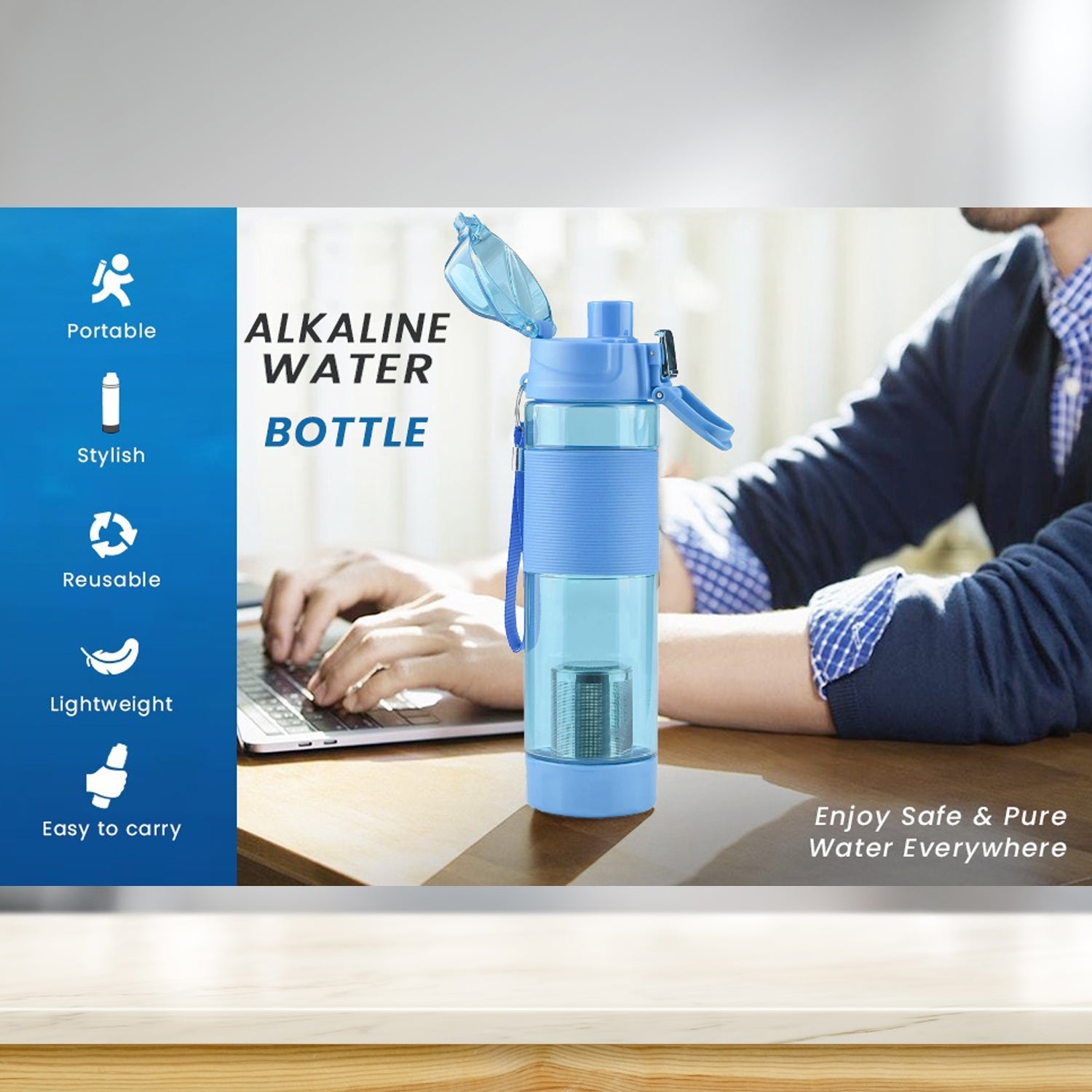 Alkaline Water Bottle, with Food Grade Plastic, Stylish and Portable (Particulates not included)