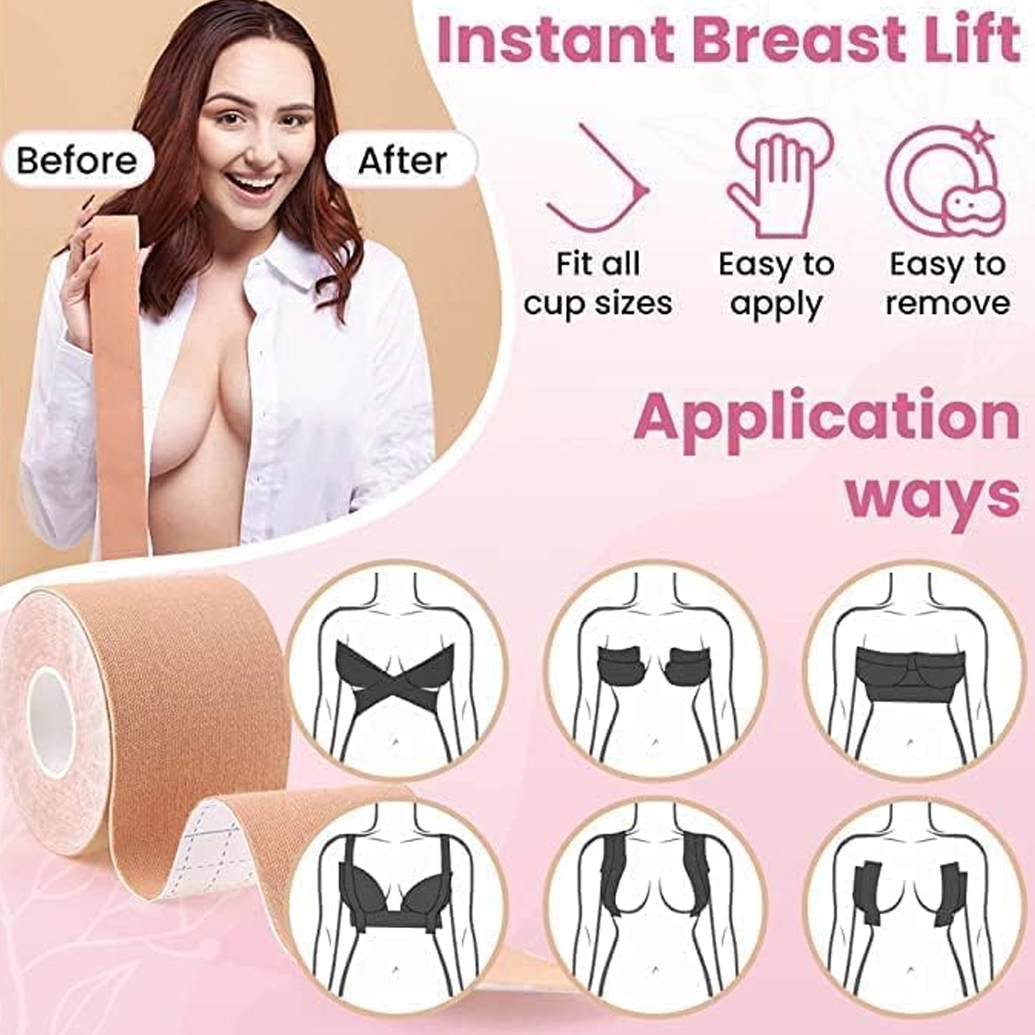 Boob Tape with Nipple Covers: Cotton, Breathable, Lift &amp; Support (5m, 10 Pairs)