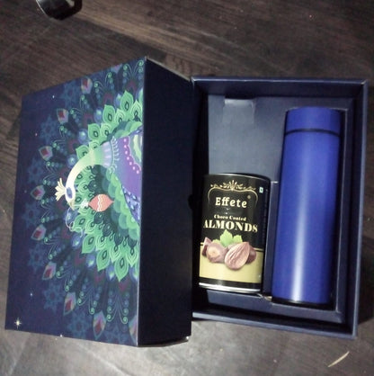 Personalized Temperature Water Bottle &amp; Choco Almond Chocolate (With Attractive Peacock Box / 2 Pc Set)