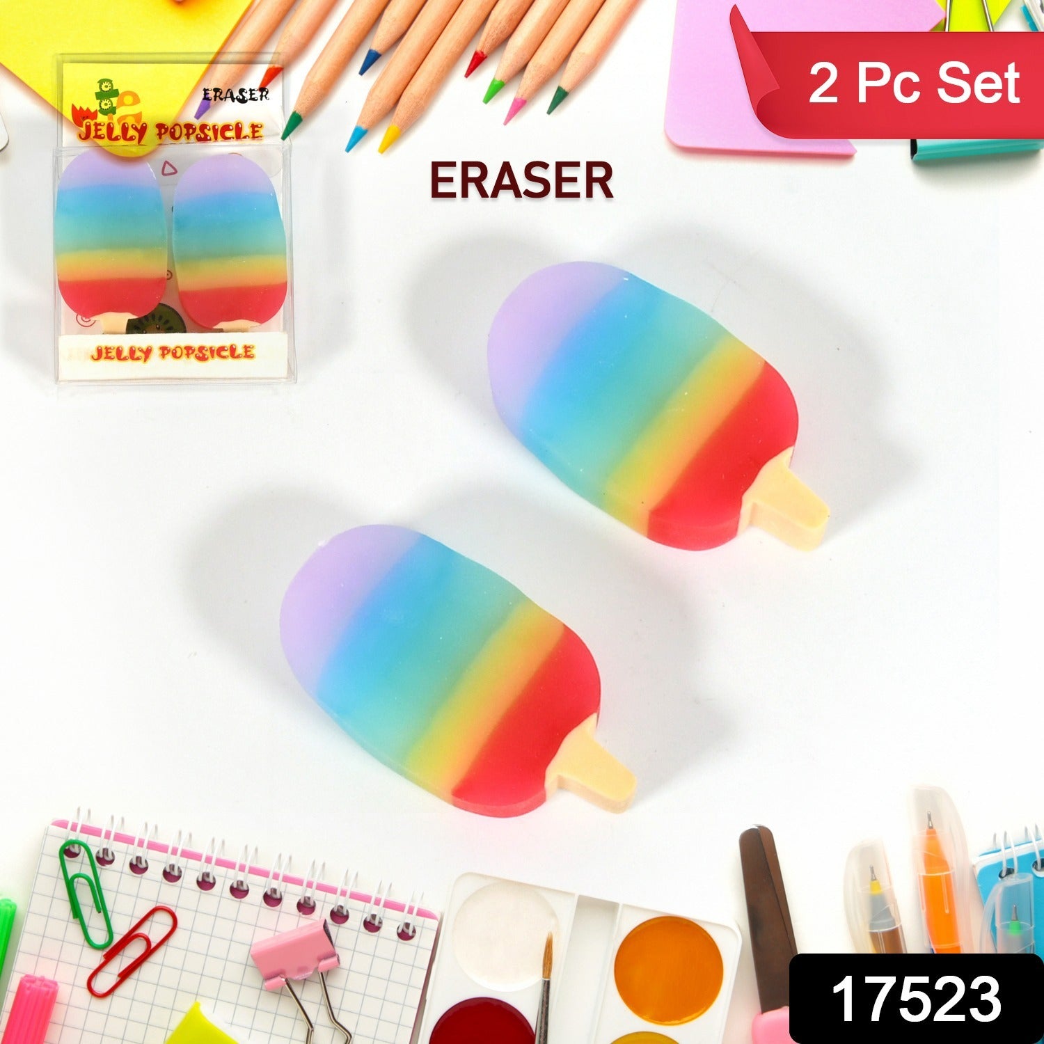 Jelly Popsicle Shape Fancy &amp;amp; Stylish Erasers, Mini Eraser Creative Cute Novelty Eraser for Children Eraser Set for Return Gift, Birthday Party, School Prize (2 Pc Set| Mix Design)