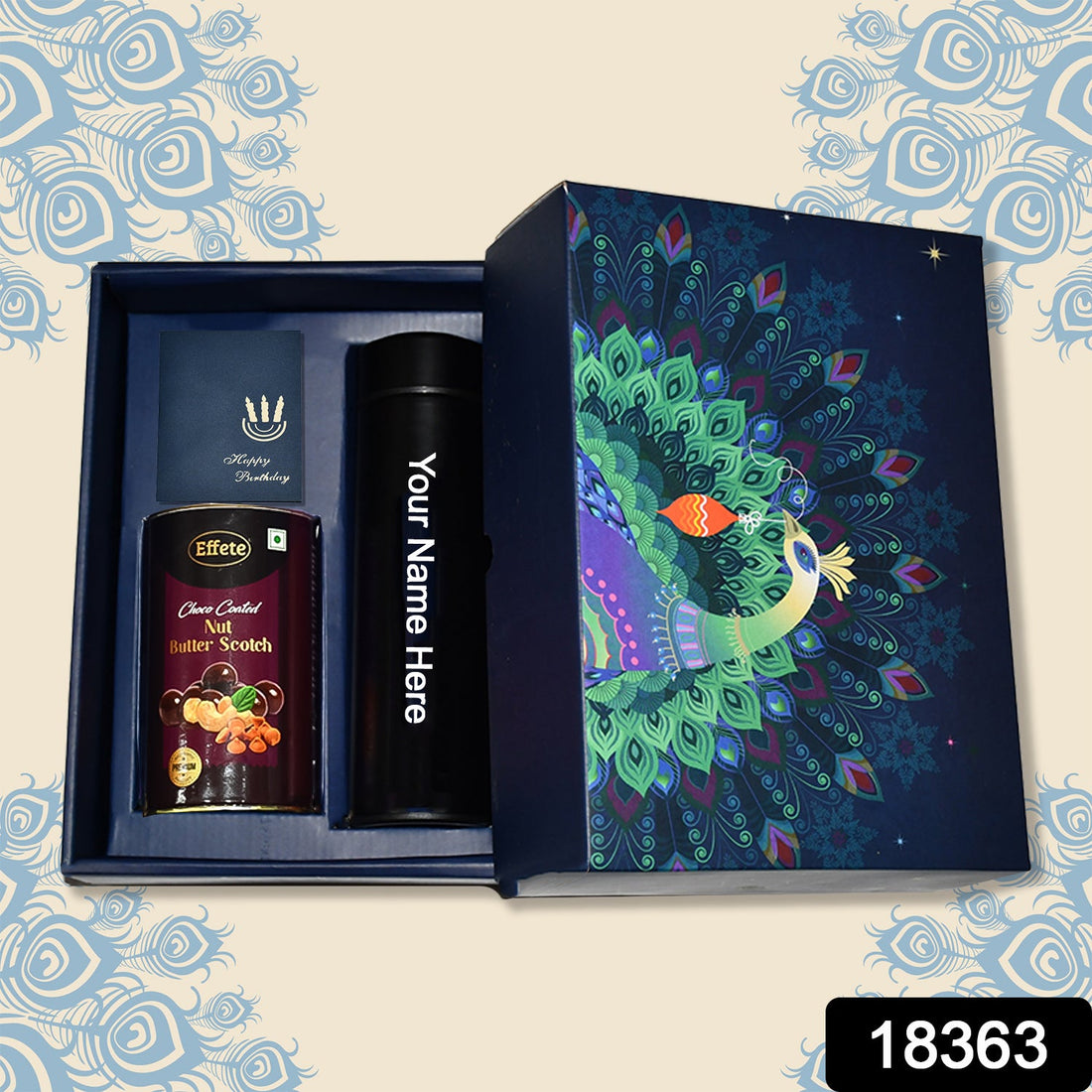 Personalized Temperature Water Bottle, Wishing card &amp; Chocolate (With Attractive Peacock Box / 3 Pc Set)