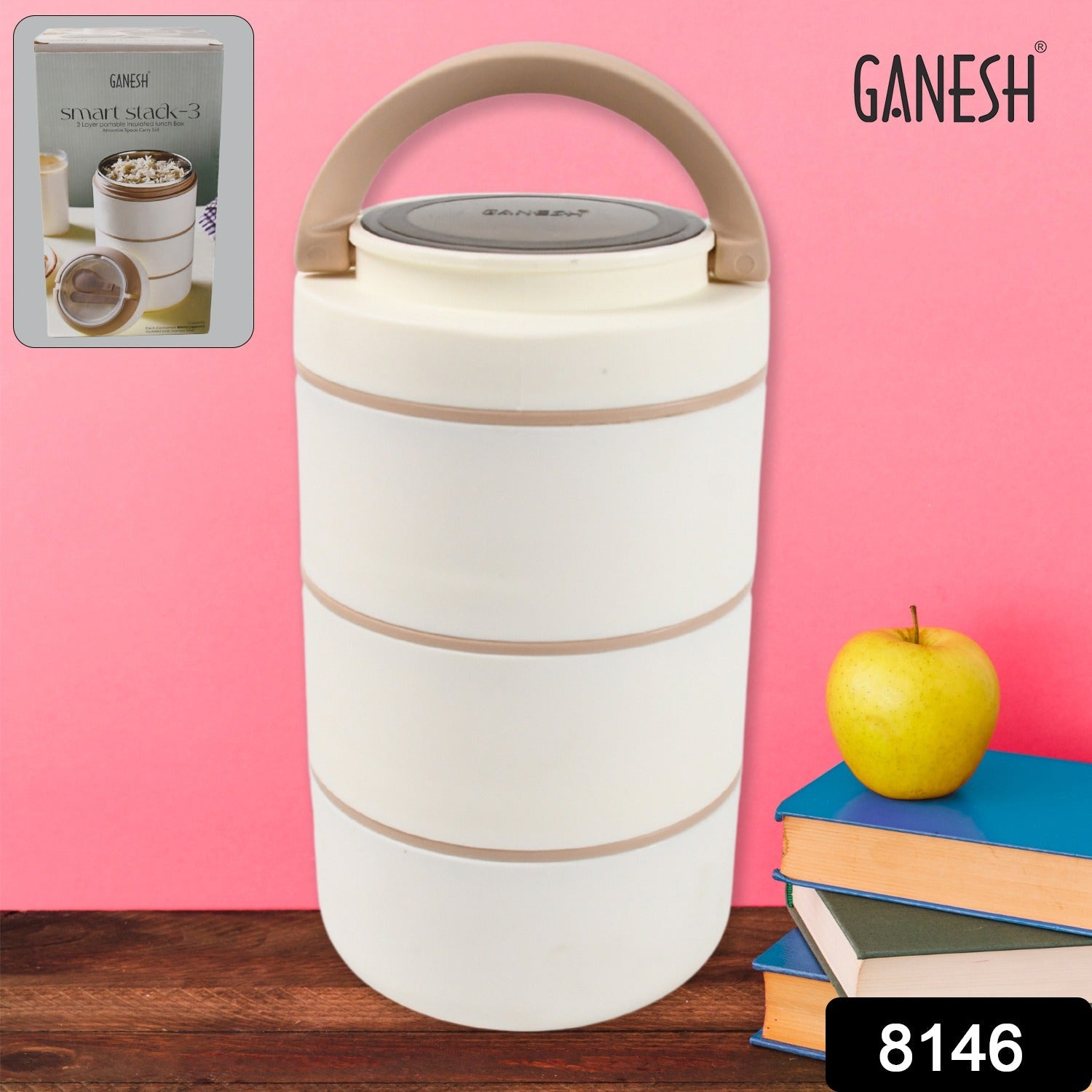 Ganesh Smart Stack 3 Layer Portable Lunch Box Stainless Steel Airtight Leak-Proof Lunch Box for Office, School, Picnic: Color May Vary (3 Layer)