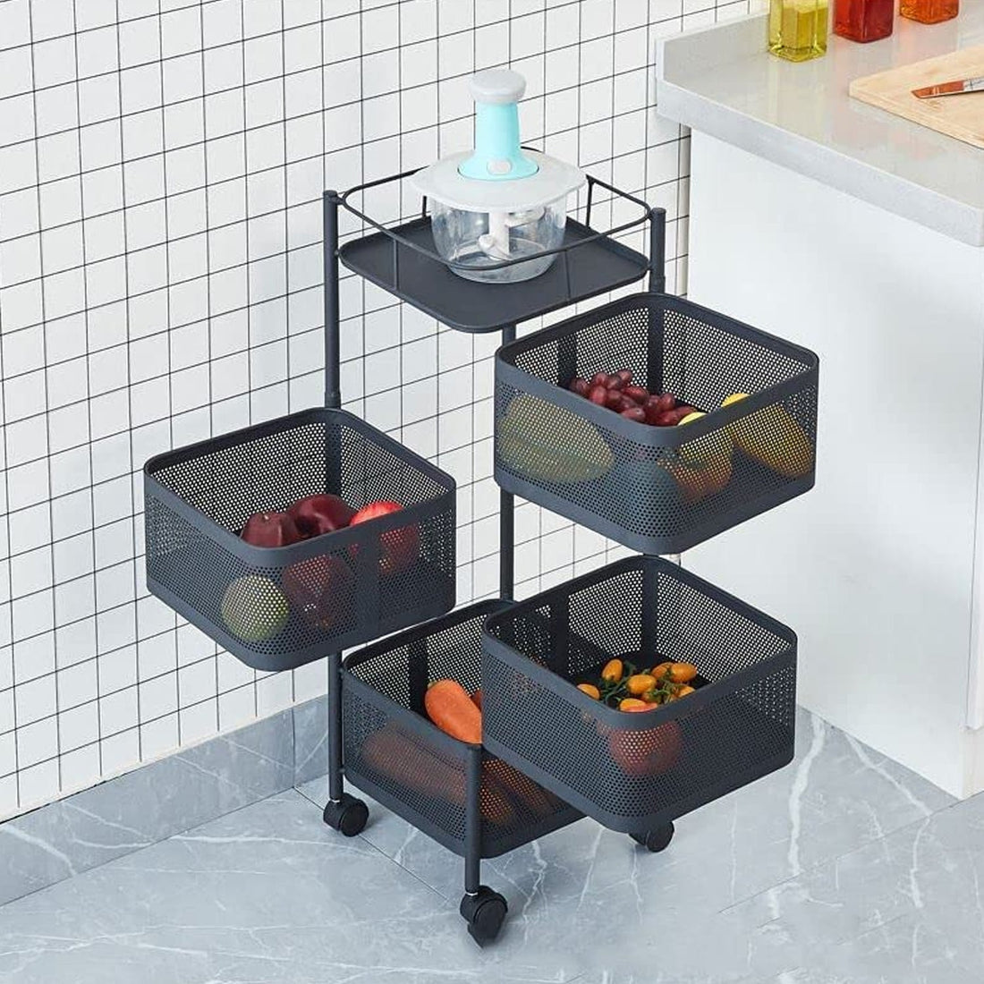 Metal High Quality Kitchen Trolley Kitchen Organizer Items and Kitchen Accessories Items for Kitchen Rack Square Design for Fruits &amp; Vegetable Onion Storage Kitchen Trolley with Wheels (4 Layer)