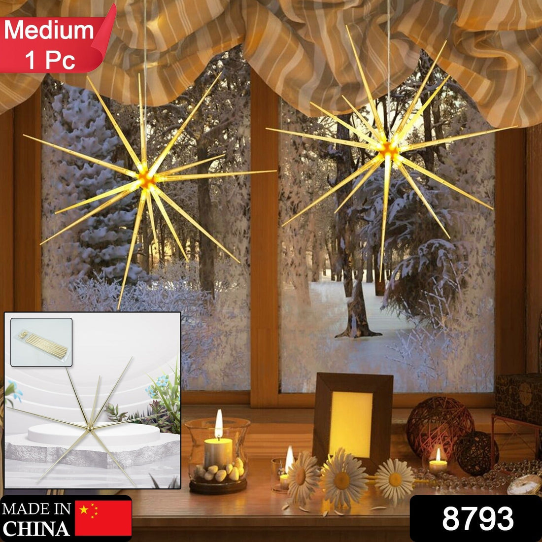 3D Gold Star Hanging Decoration Star, Acrylic Look  Hanging Luminous Star for Windows, Home, Garden Festive Embellishments for Holiday Parties Weddings Birthday Home Decoration (Medium)