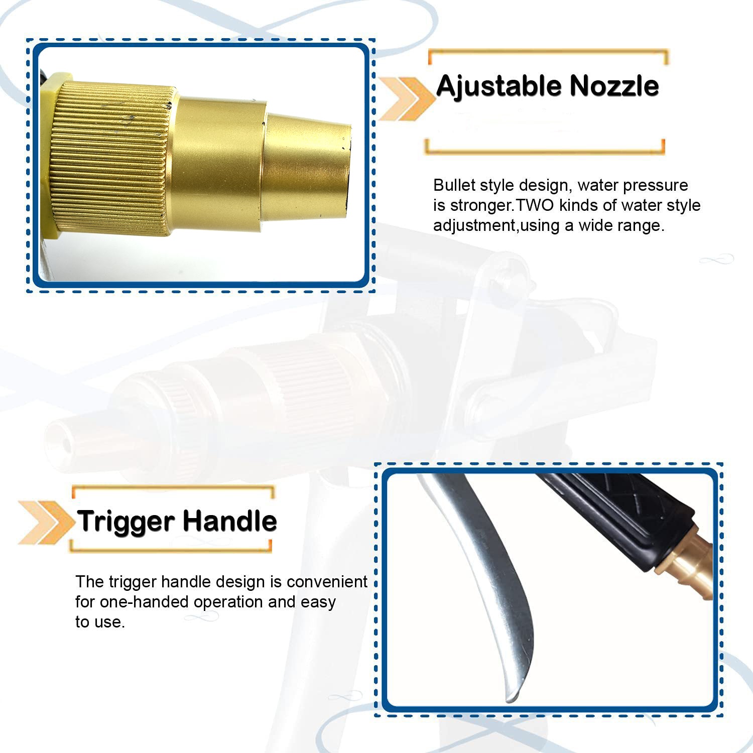 Trigger hose nozzle in gold, durable with lever action for water spraying.