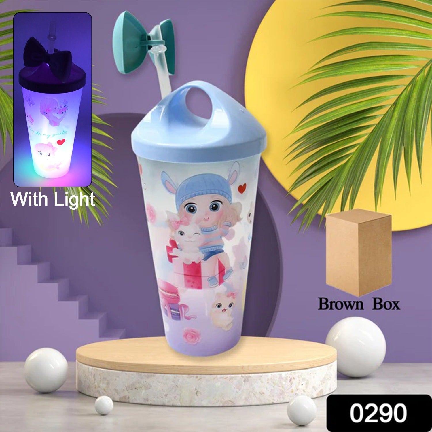 Unicorn Water Bottle with Straw &amp; Lid for Kids (With Light)