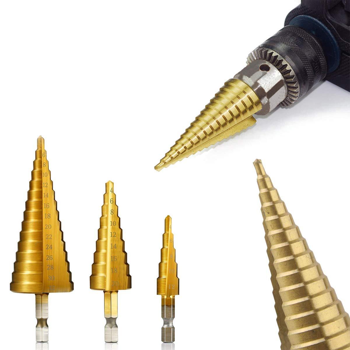 HSS steel step cone drill bit set with titanium coating.