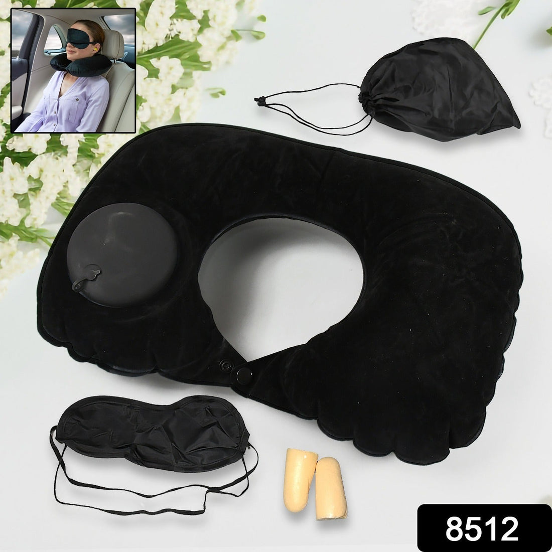 8512 3 in 1 Comfortable Travel Sleeping Kit, Neck Pillow, Eye Mask &amp; Ear Plug Set Inflatable Plane Sleeping Pillow Head Neck Support Pillows for Travel Airplane Office, Black