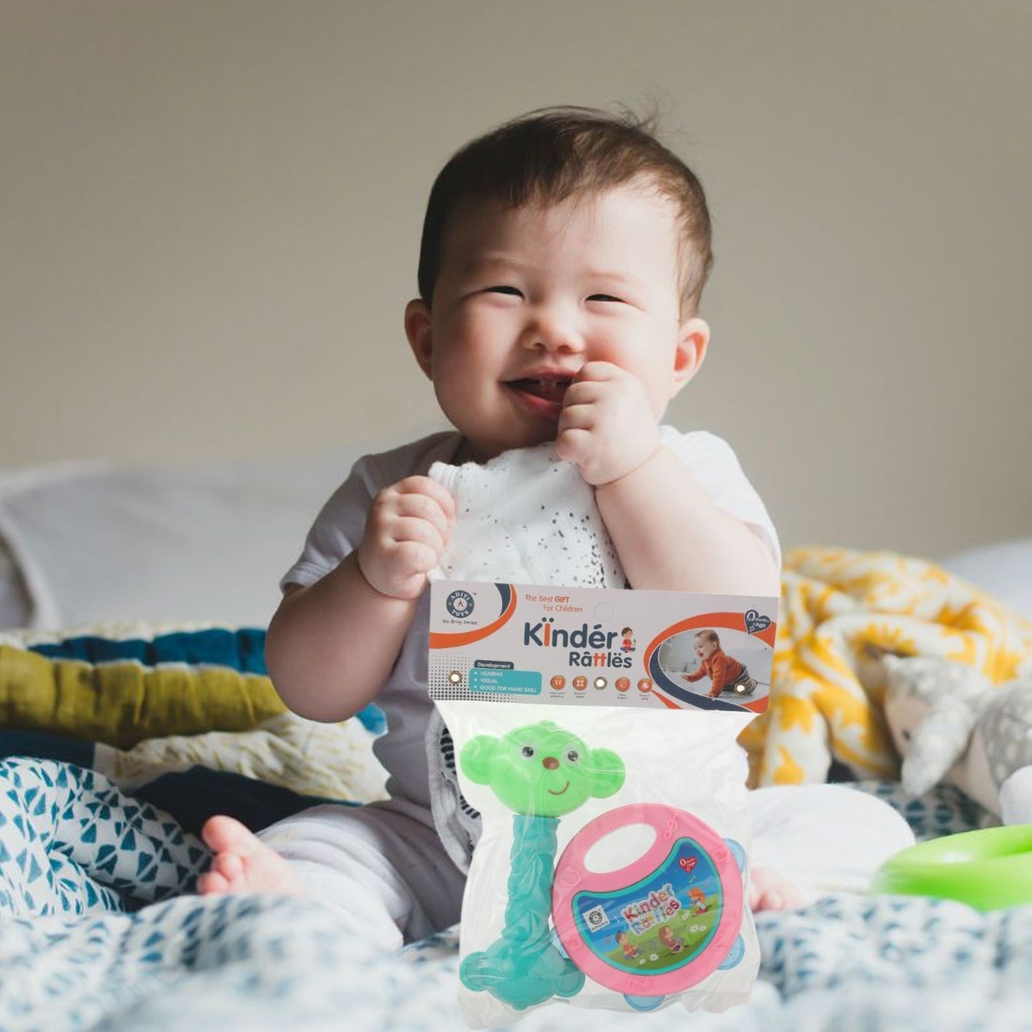 Two-piece set of baby rattles with a bright, appealing design for infant play.