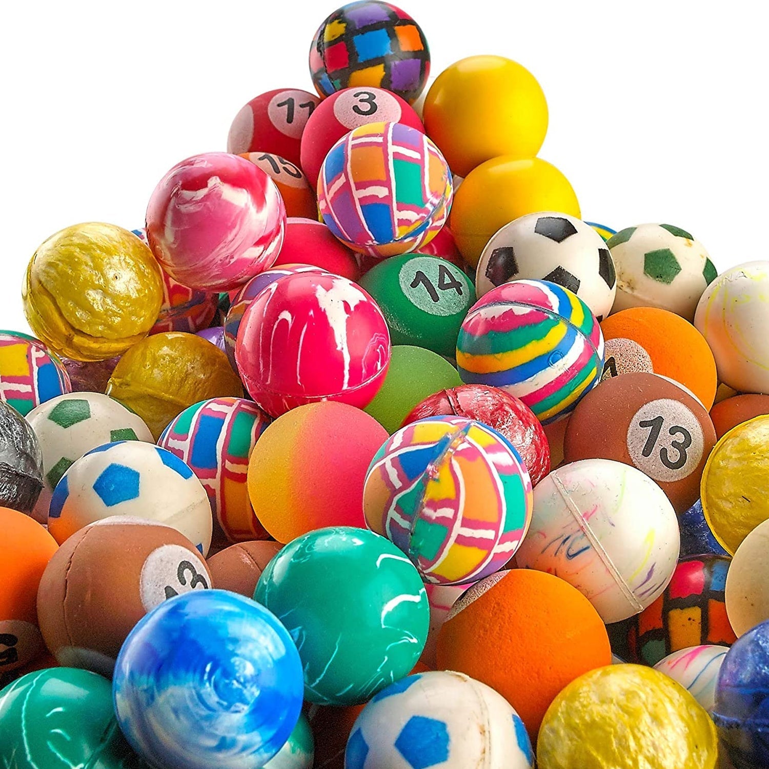 Different designs and colors of bouncy balls in a set of 14 pieces.