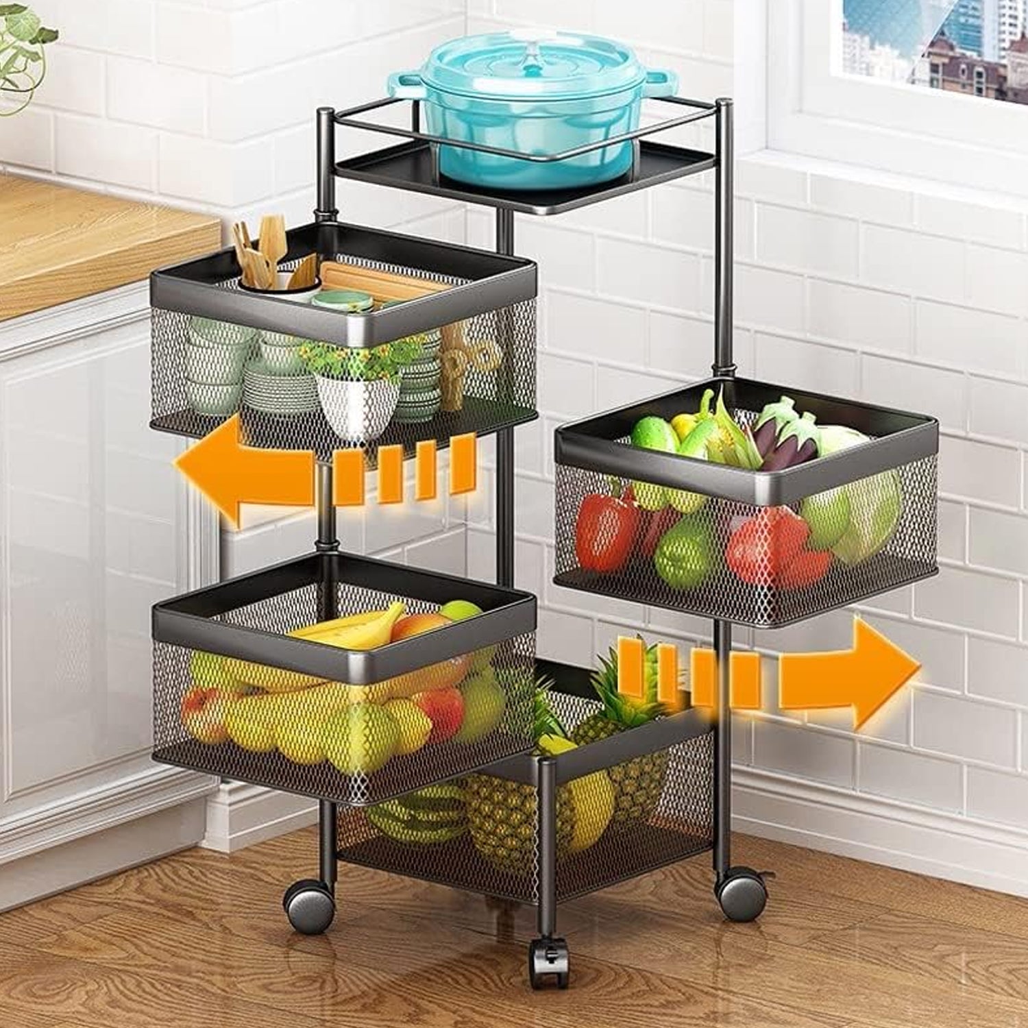 Metal High Quality Kitchen Trolley Kitchen Organizer Items and Kitchen Accessories Items for Kitchen Rack Square Design for Fruits &amp; Vegetable Onion Storage Kitchen Trolley with Wheels (4 Layer)