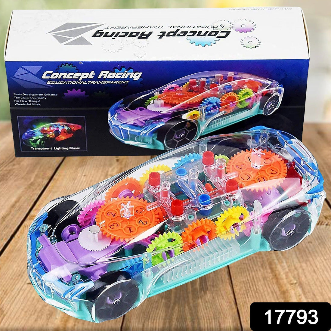 Automatic 360 Degree Rotating Transparent Gear Concept Car with Musical and 3D Flashing Lights Toy for Kids Boys &amp; Girls (Multicolor / Battery Not Included)