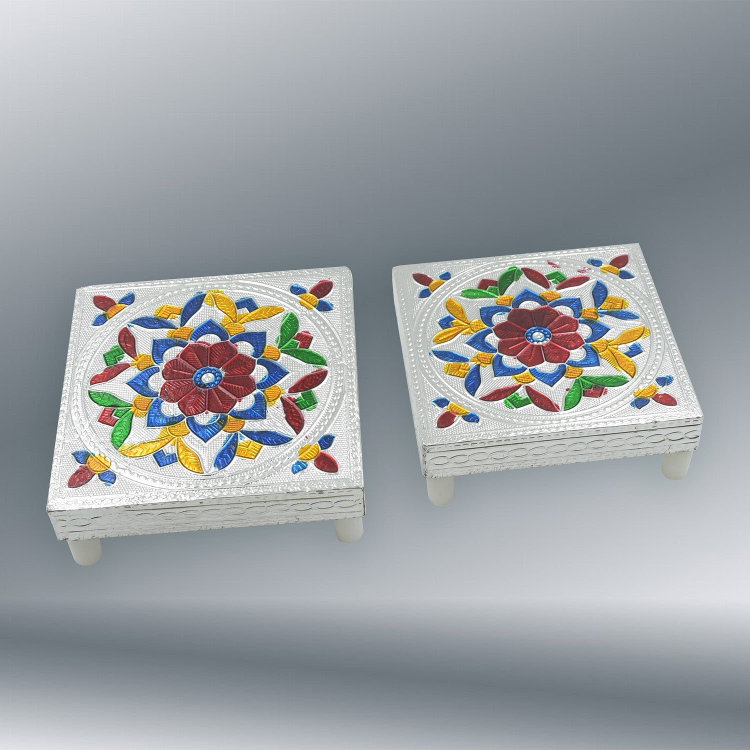 2 Pc Meenakari Wooden Chowki &amp; Bajot Set: For Home &amp; Office Puja (Multicolor)