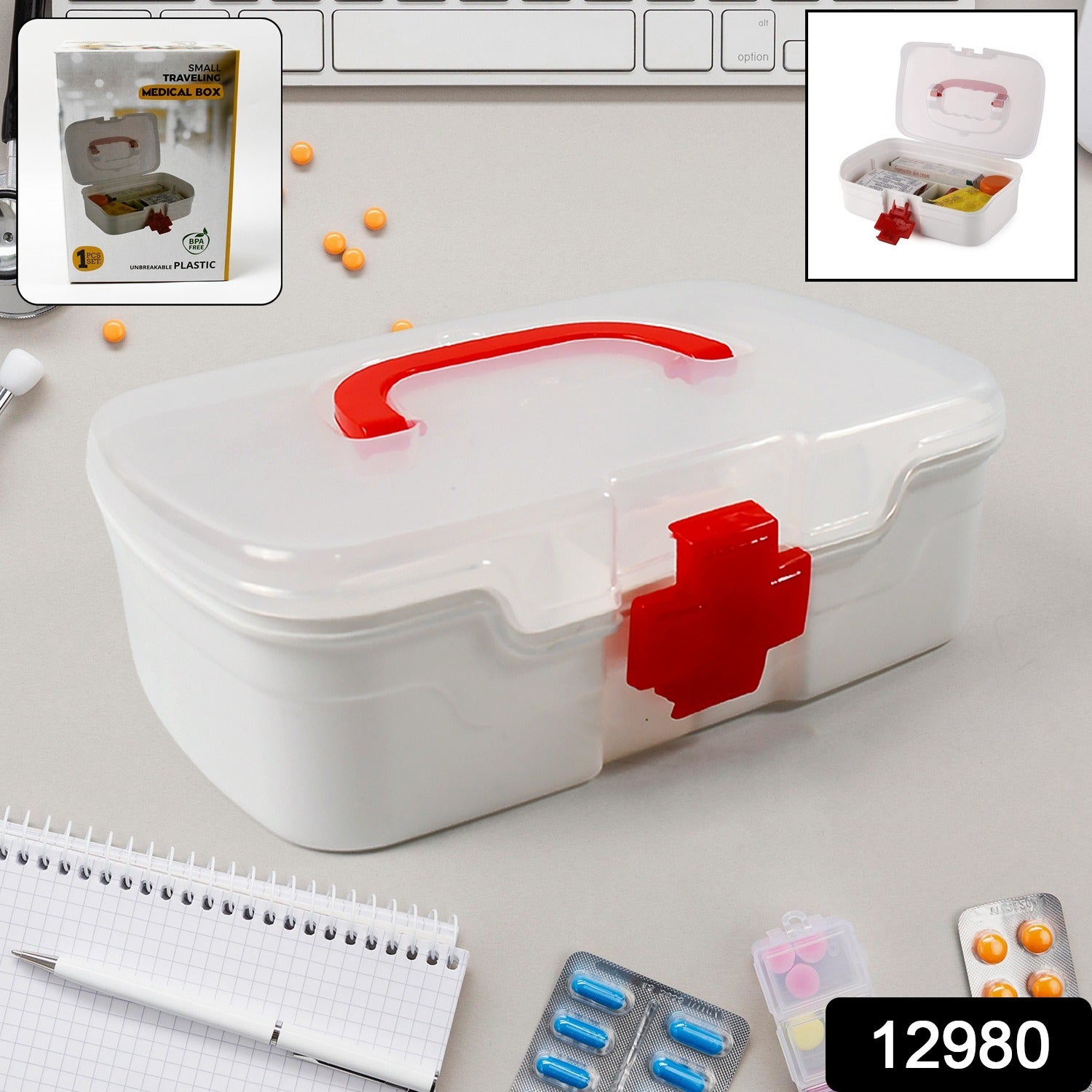 3 Compartment Medical Box, 1 Piece, Indoor Outdoor Medical Utility, Medicine Storage Box, Detachable Tray Medical Box Multi Purpose Regular Medicine, First Aid Box with Handle, Transparent Lid &amp; Color Box 