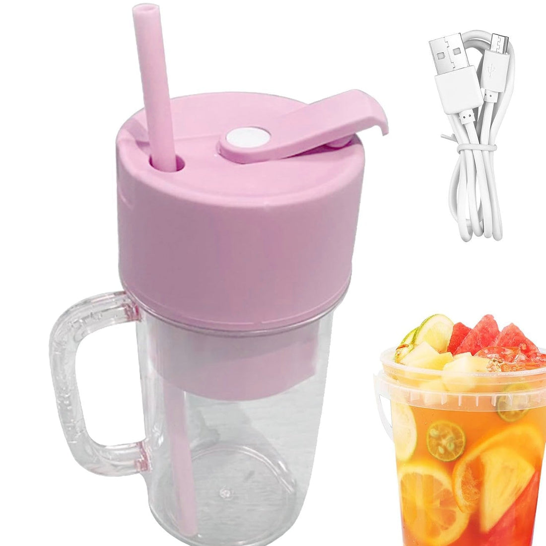 2 In1 Portable Crusher Juicer With Handle &amp; Straw for Smoothie Sipper USB Rechargeable (340 ml) 6 Stainless Steel Blades Compact Juicer Mixer, Juicer Portable Fresh Juice Blender Portable Electric Juicer ( 340 ML )